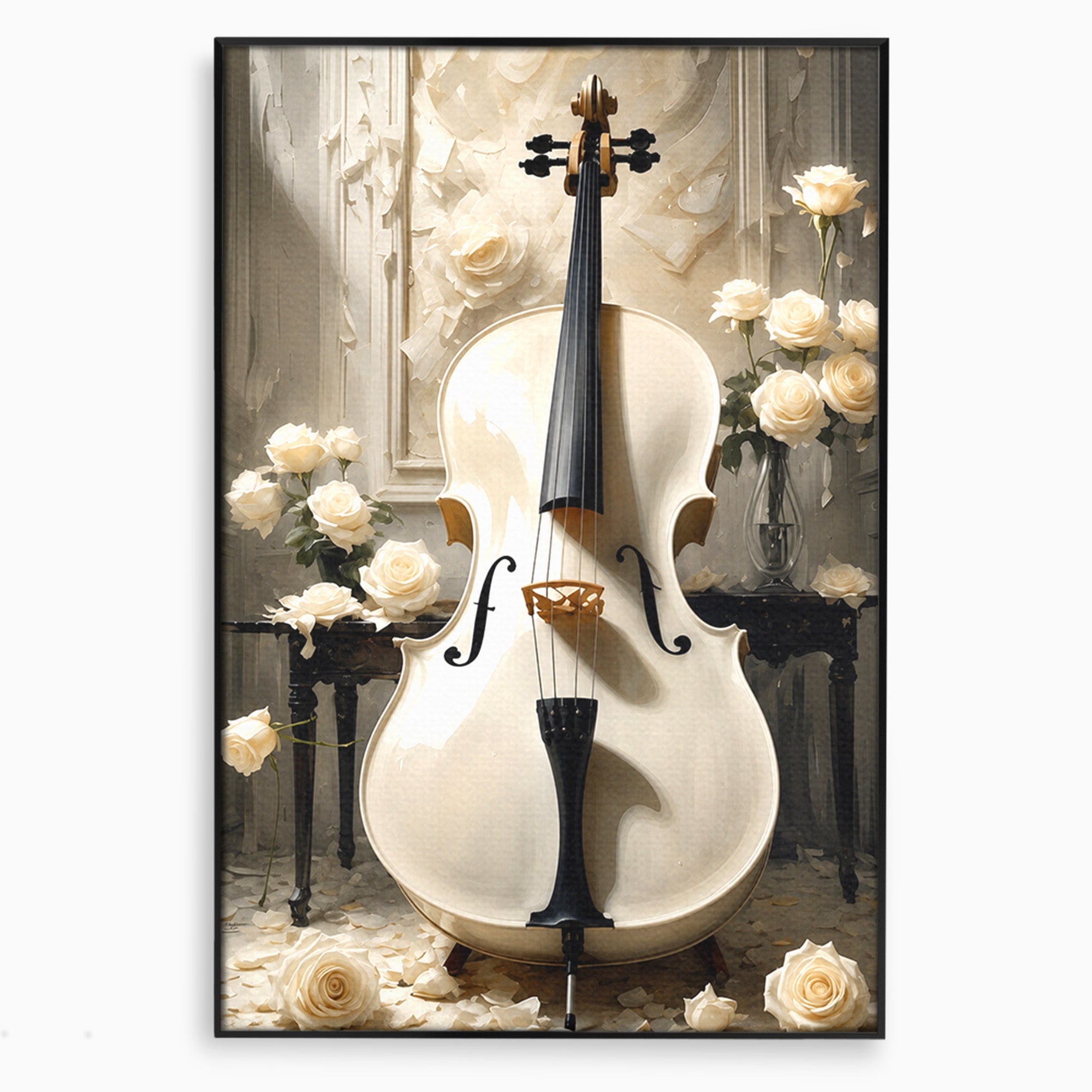 Tablou Canvas Premium LuxCanva® R1018, Violoncelul Alb, Violoncel, Flori, Eleganta, Muzica, Living, Culori Vibrante