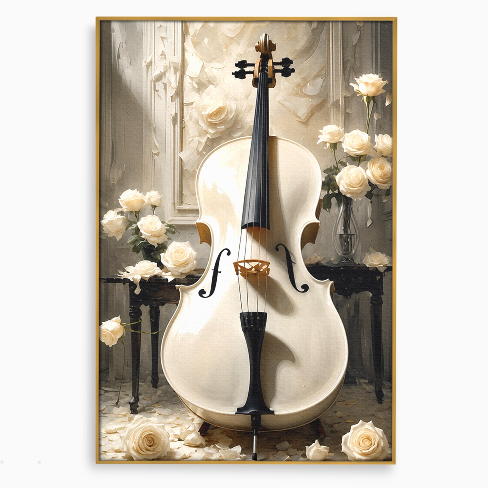 Tablou Canvas Premium LuxCanva® R1018, Violoncelul Alb, Violoncel, Flori, Eleganta, Muzica, Living, Culori Vibrante