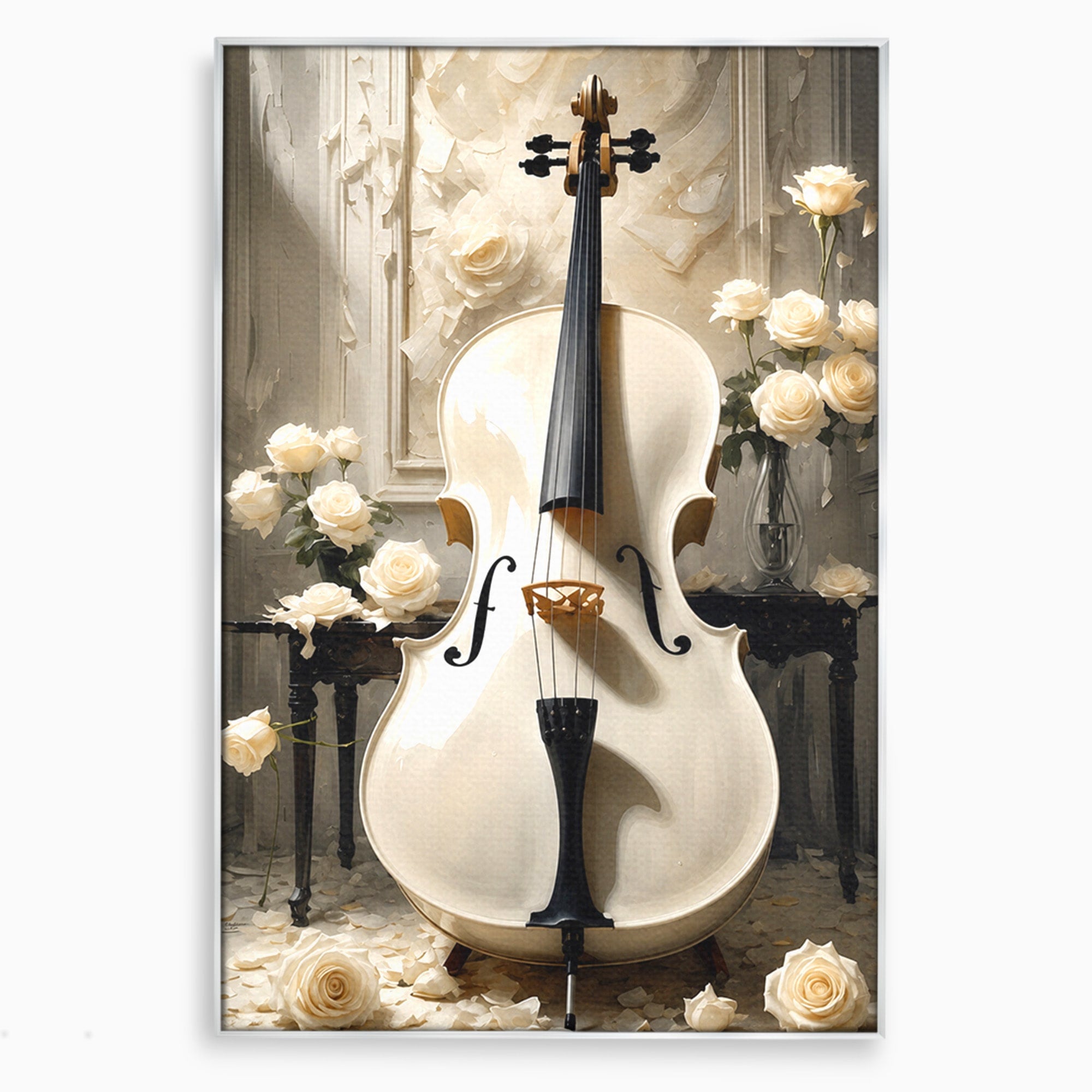 Tablou Canvas Premium LuxCanva® R1018, Violoncelul Alb, Violoncel, Flori, Eleganta, Muzica, Living, Culori Vibrante