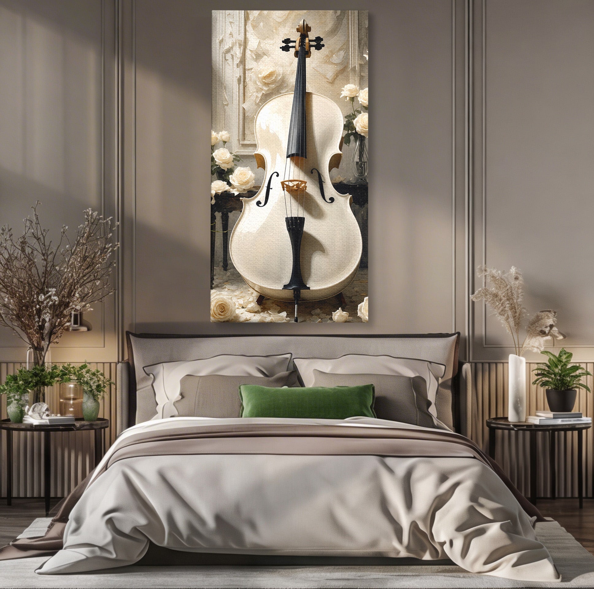 Tablou Canvas Premium LuxCanva® R1018, Violoncelul Alb, Violoncel, Flori, Eleganta, Muzica, Living, Culori Vibrante