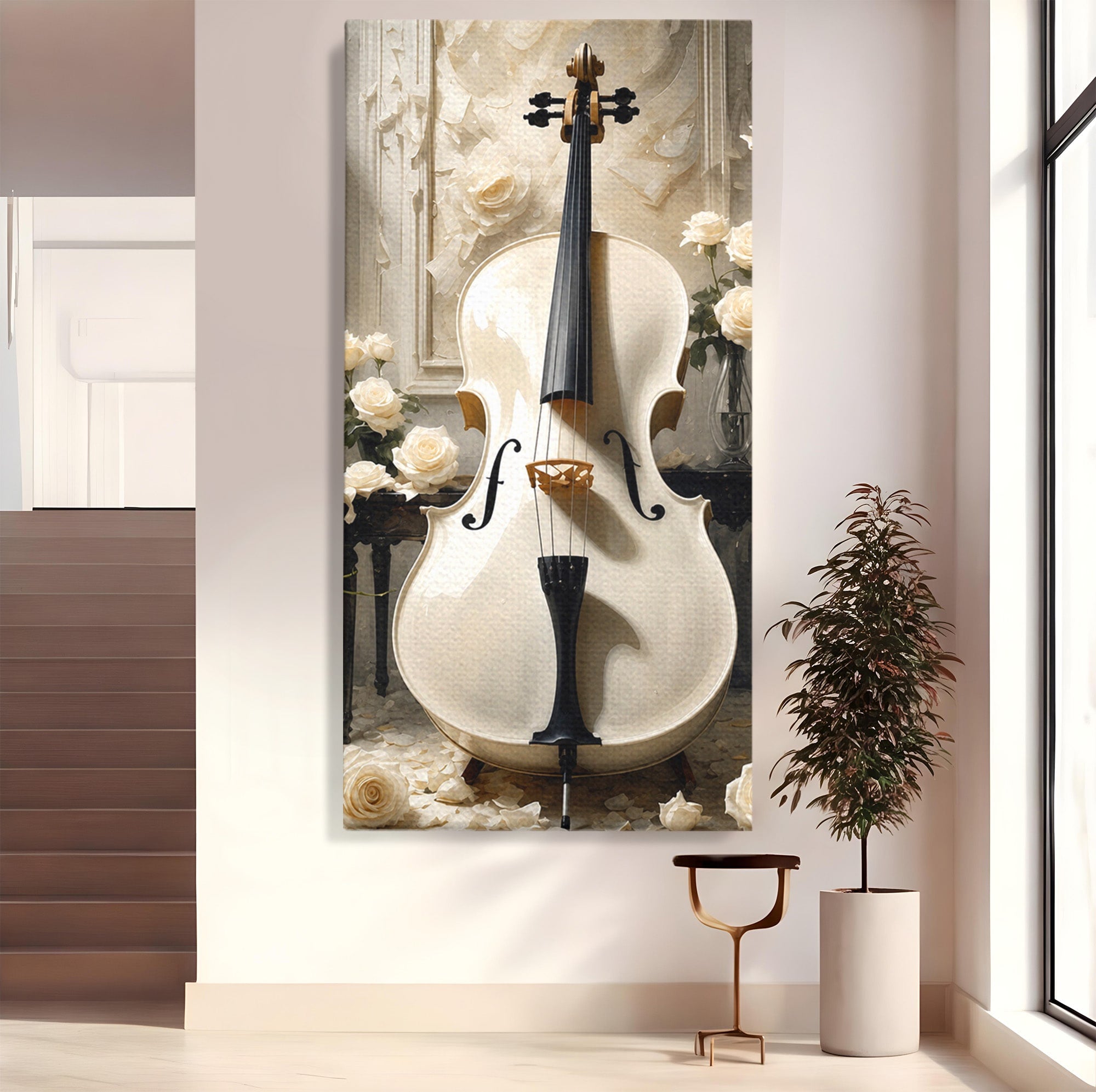 Tablou Canvas Premium LuxCanva® R1018, Violoncelul Alb, Violoncel, Flori, Eleganta, Muzica, Living, Culori Vibrante