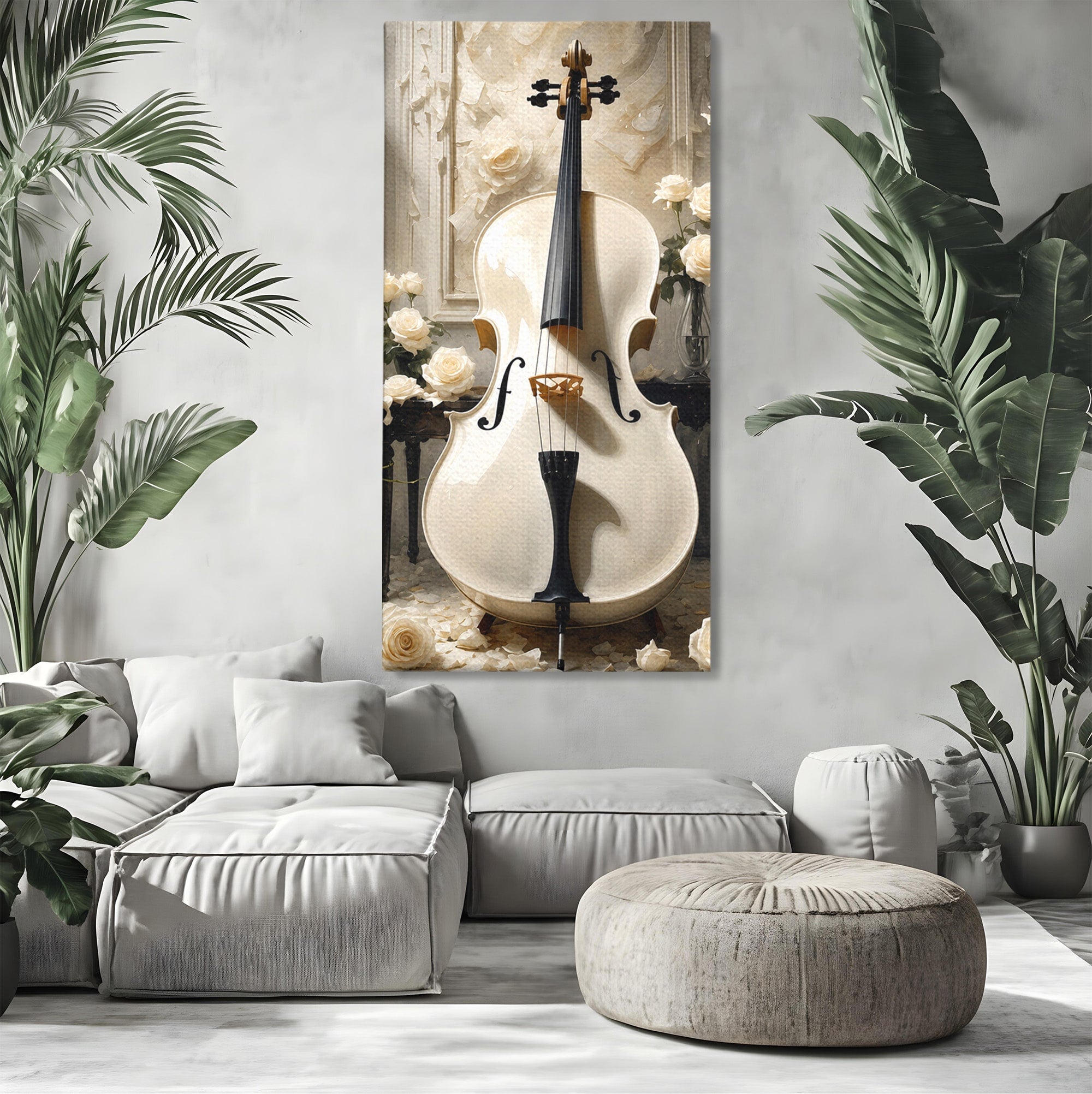 Tablou Canvas Premium LuxCanva® R1018, Violoncelul Alb, Violoncel, Flori, Eleganta, Muzica, Living, Culori Vibrante