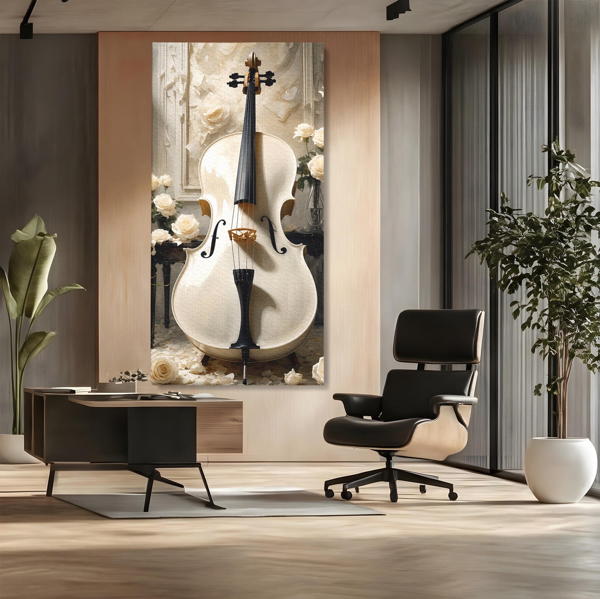 Tablou Canvas Premium LuxCanva® R1018, Violoncelul Alb, Violoncel, Flori, Eleganta, Muzica, Living, Culori Vibrante