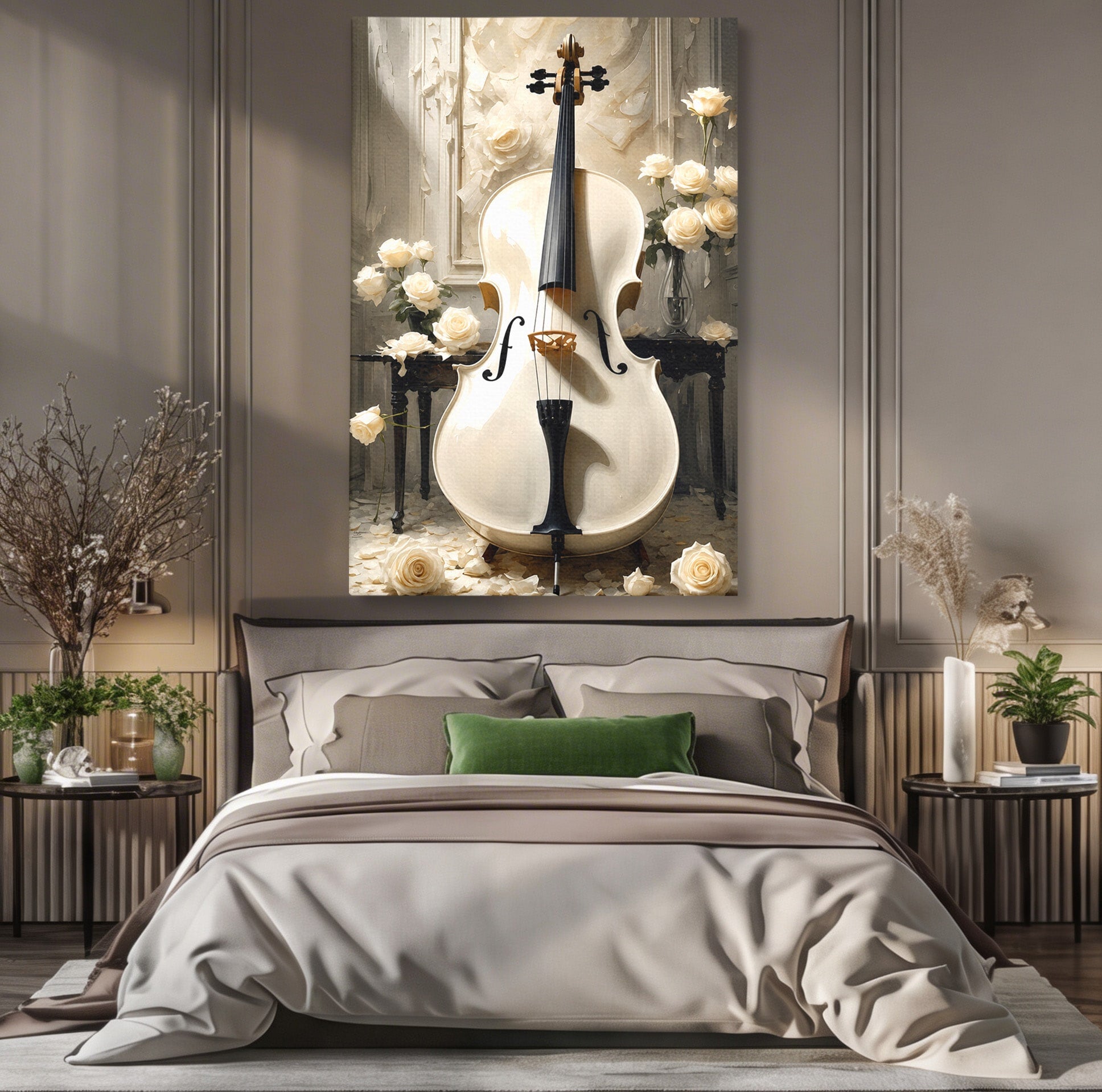 Tablou Canvas Premium LuxCanva® R1018, Violoncelul Alb, Violoncel, Flori, Eleganta, Muzica, Living, Culori Vibrante