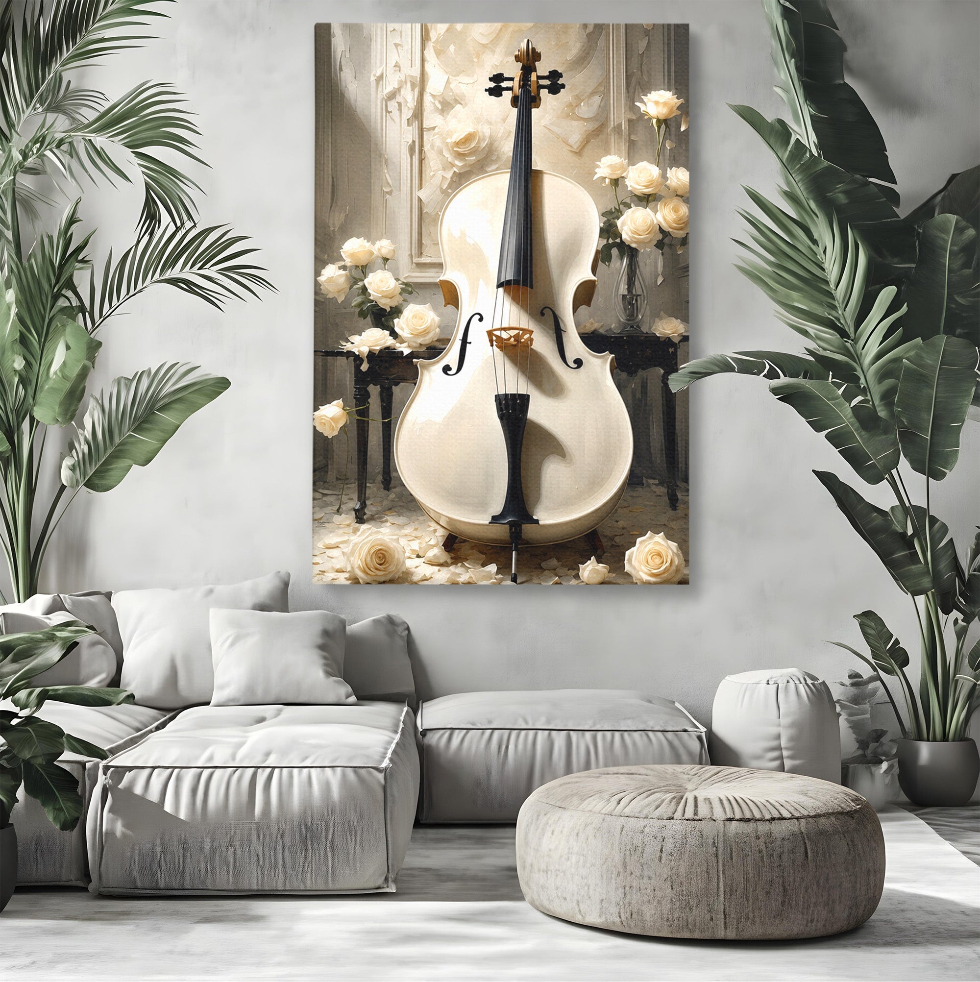 Tablou Canvas Premium LuxCanva® R1018, Violoncelul Alb, Violoncel, Flori, Eleganta, Muzica, Living, Culori Vibrante