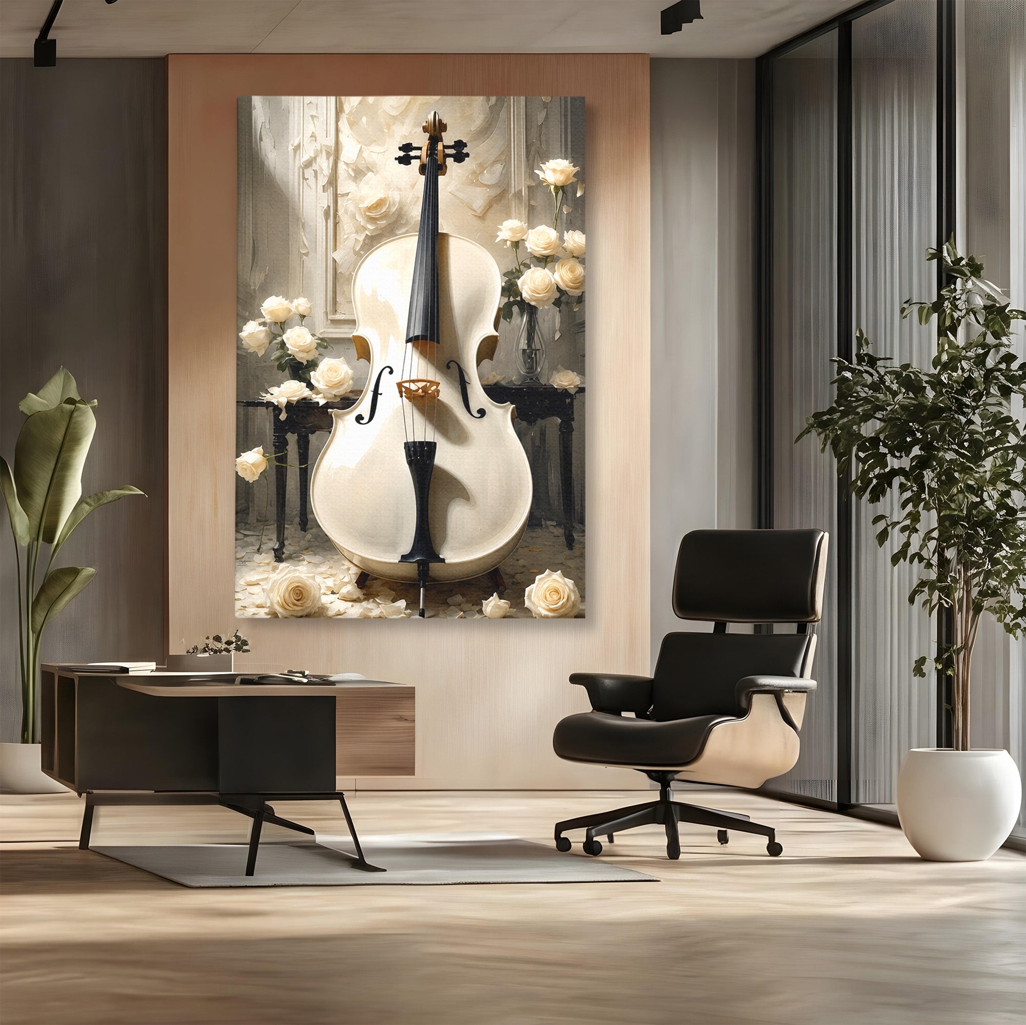 Tablou Canvas Premium LuxCanva® R1018, Violoncelul Alb, Violoncel, Flori, Eleganta, Muzica, Living, Culori Vibrante