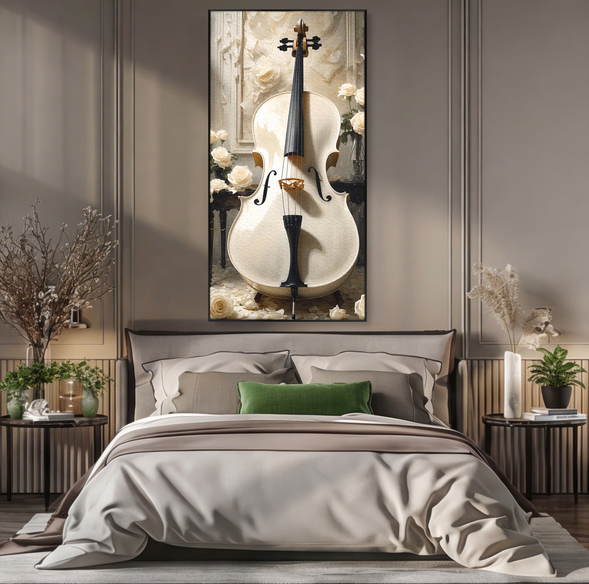 Tablou Canvas Premium LuxCanva® R1018, Violoncelul Alb, Violoncel, Flori, Eleganta, Muzica, Living, Culori Vibrante