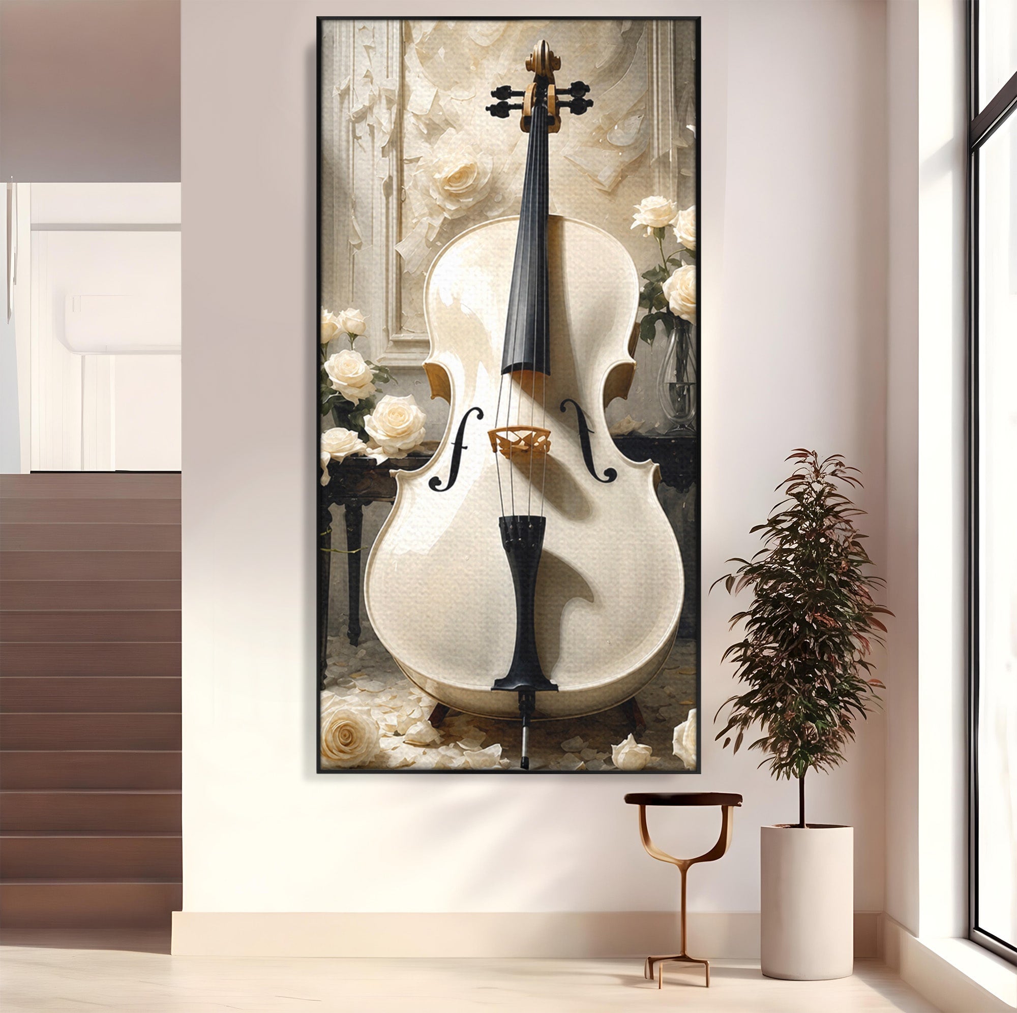 Tablou Canvas Premium LuxCanva® R1018, Violoncelul Alb, Violoncel, Flori, Eleganta, Muzica, Living, Culori Vibrante