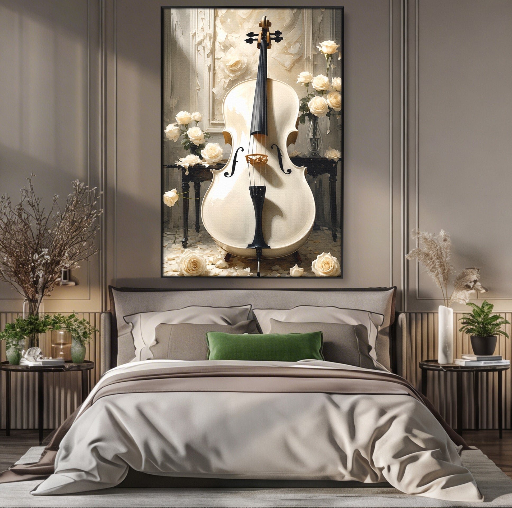 Tablou Canvas Premium LuxCanva® R1018, Violoncelul Alb, Violoncel, Flori, Eleganta, Muzica, Living, Culori Vibrante