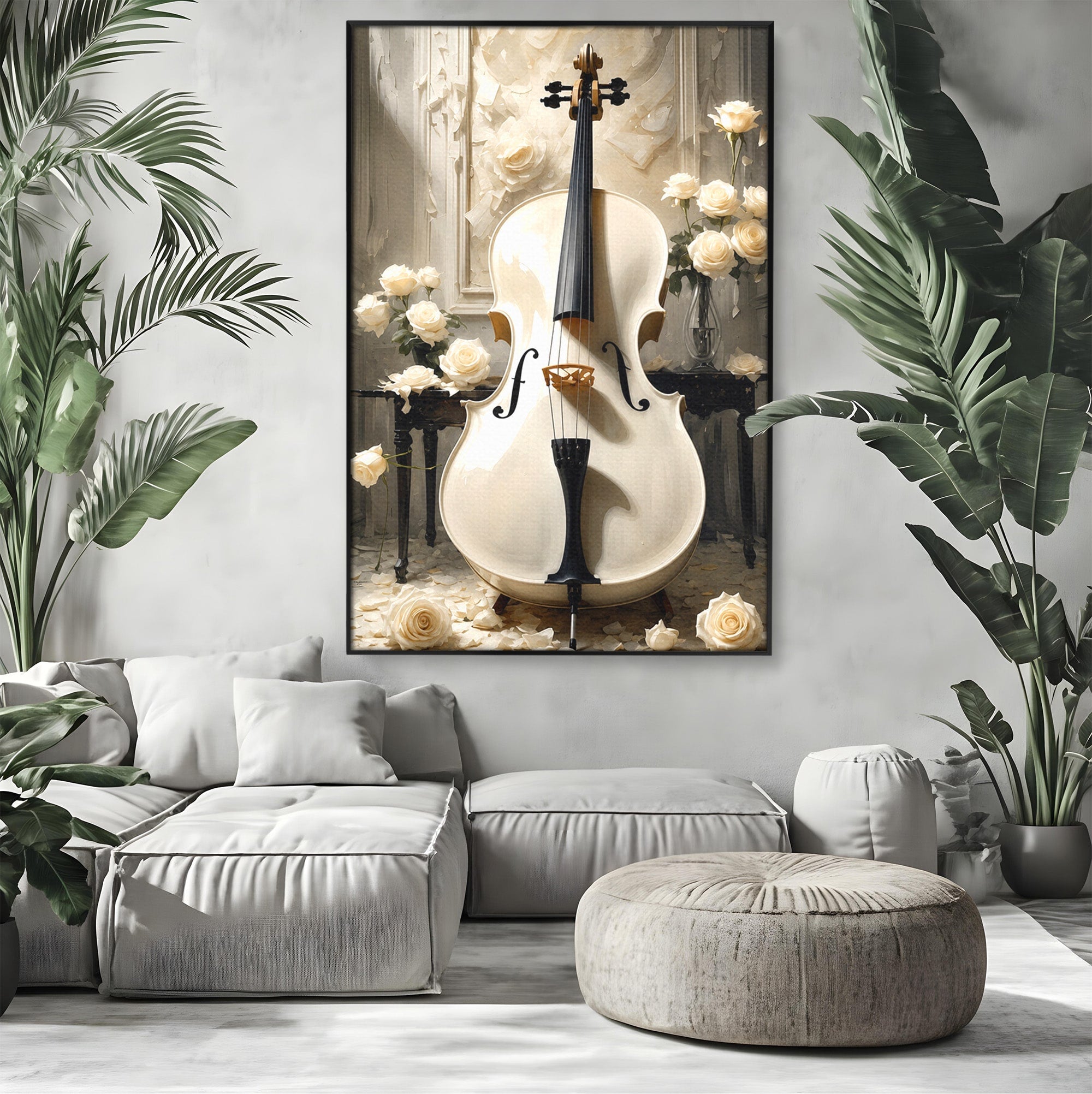 Tablou Canvas Premium LuxCanva® R1018, Violoncelul Alb, Violoncel, Flori, Eleganta, Muzica, Living, Culori Vibrante