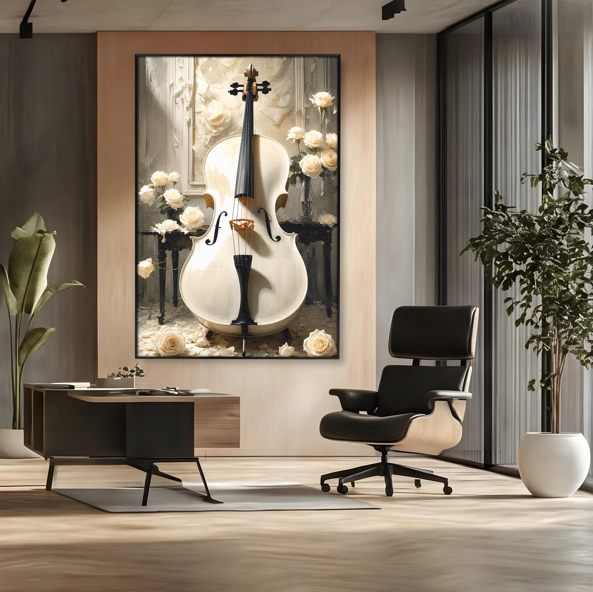 Tablou Canvas Premium LuxCanva® R1018, Violoncelul Alb, Violoncel, Flori, Eleganta, Muzica, Living, Culori Vibrante