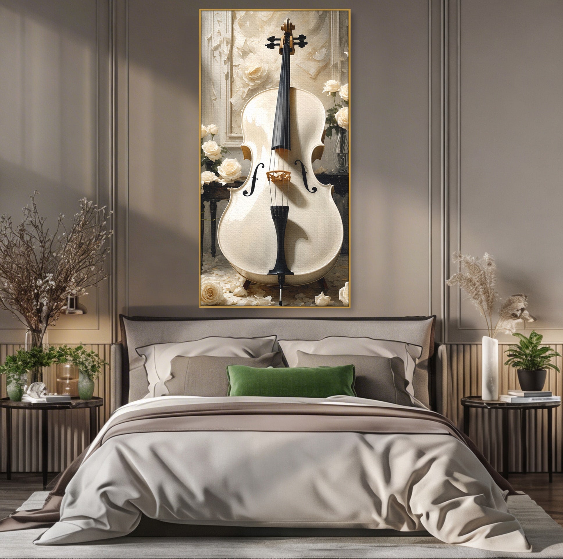 Tablou Canvas Premium LuxCanva® R1018, Violoncelul Alb, Violoncel, Flori, Eleganta, Muzica, Living, Culori Vibrante
