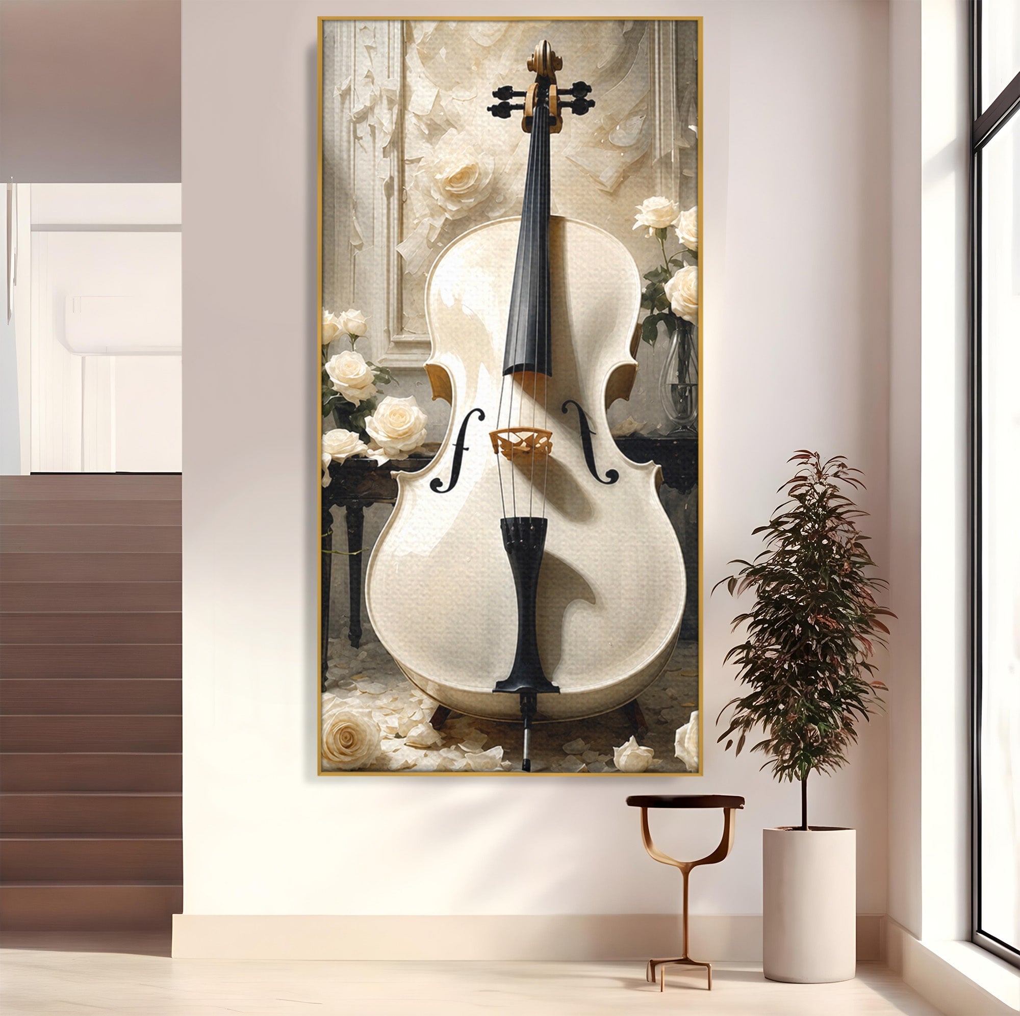 Tablou Canvas Premium LuxCanva® R1018, Violoncelul Alb, Violoncel, Flori, Eleganta, Muzica, Living, Culori Vibrante