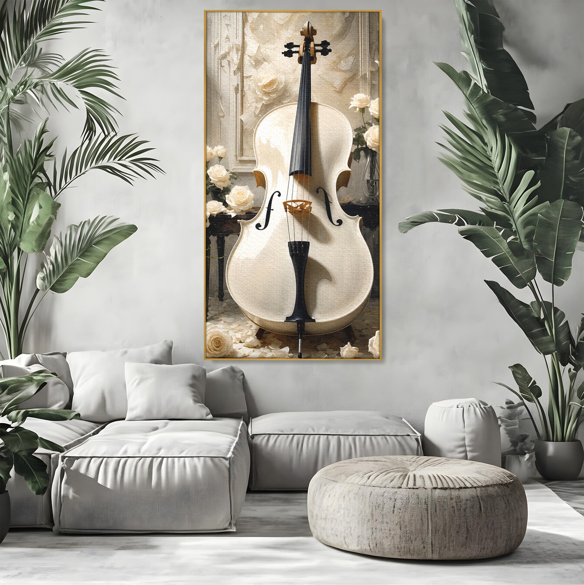 Tablou Canvas Premium LuxCanva® R1018, Violoncelul Alb, Violoncel, Flori, Eleganta, Muzica, Living, Culori Vibrante