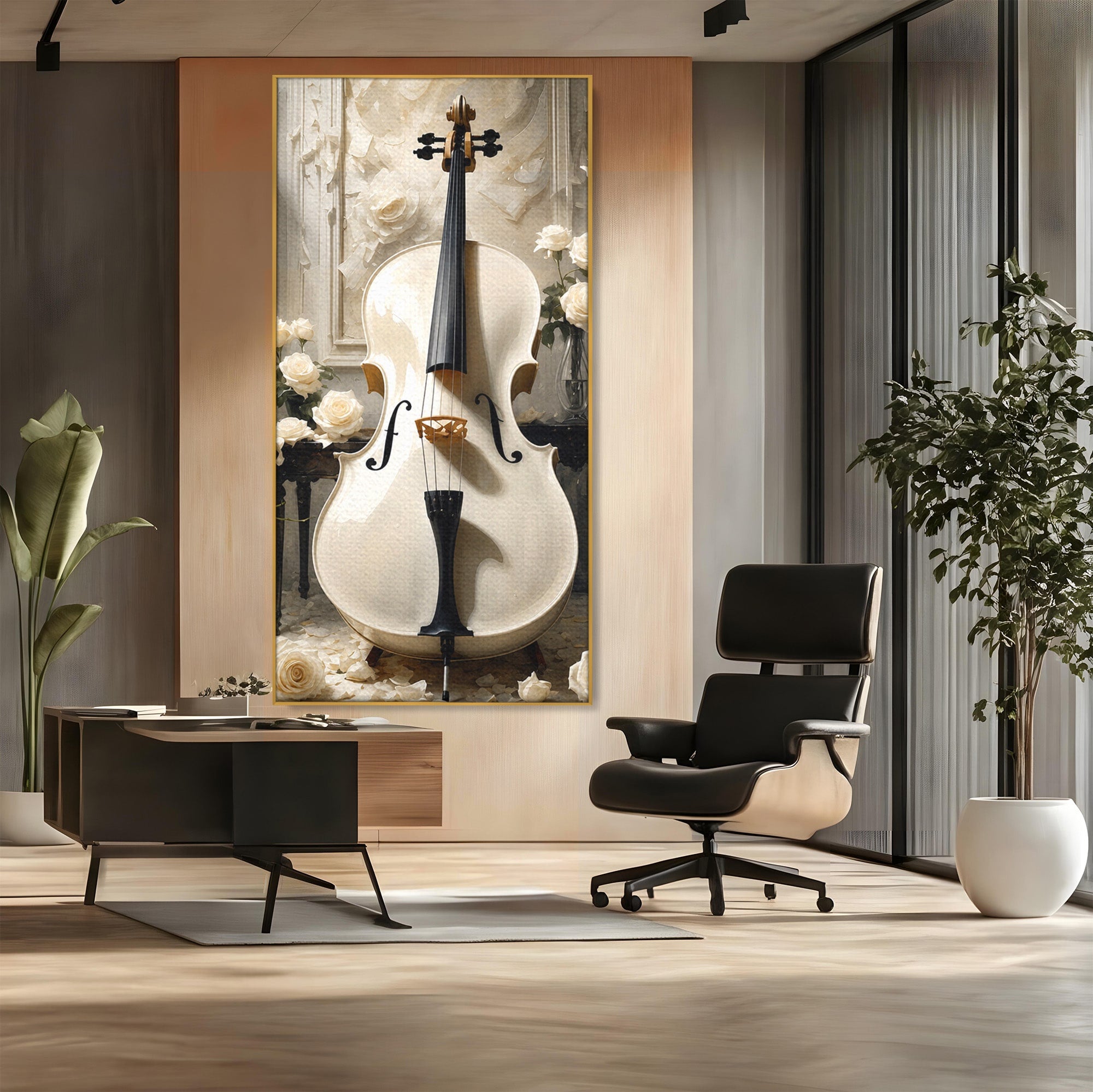 Tablou Canvas Premium LuxCanva® R1018, Violoncelul Alb, Violoncel, Flori, Eleganta, Muzica, Living, Culori Vibrante