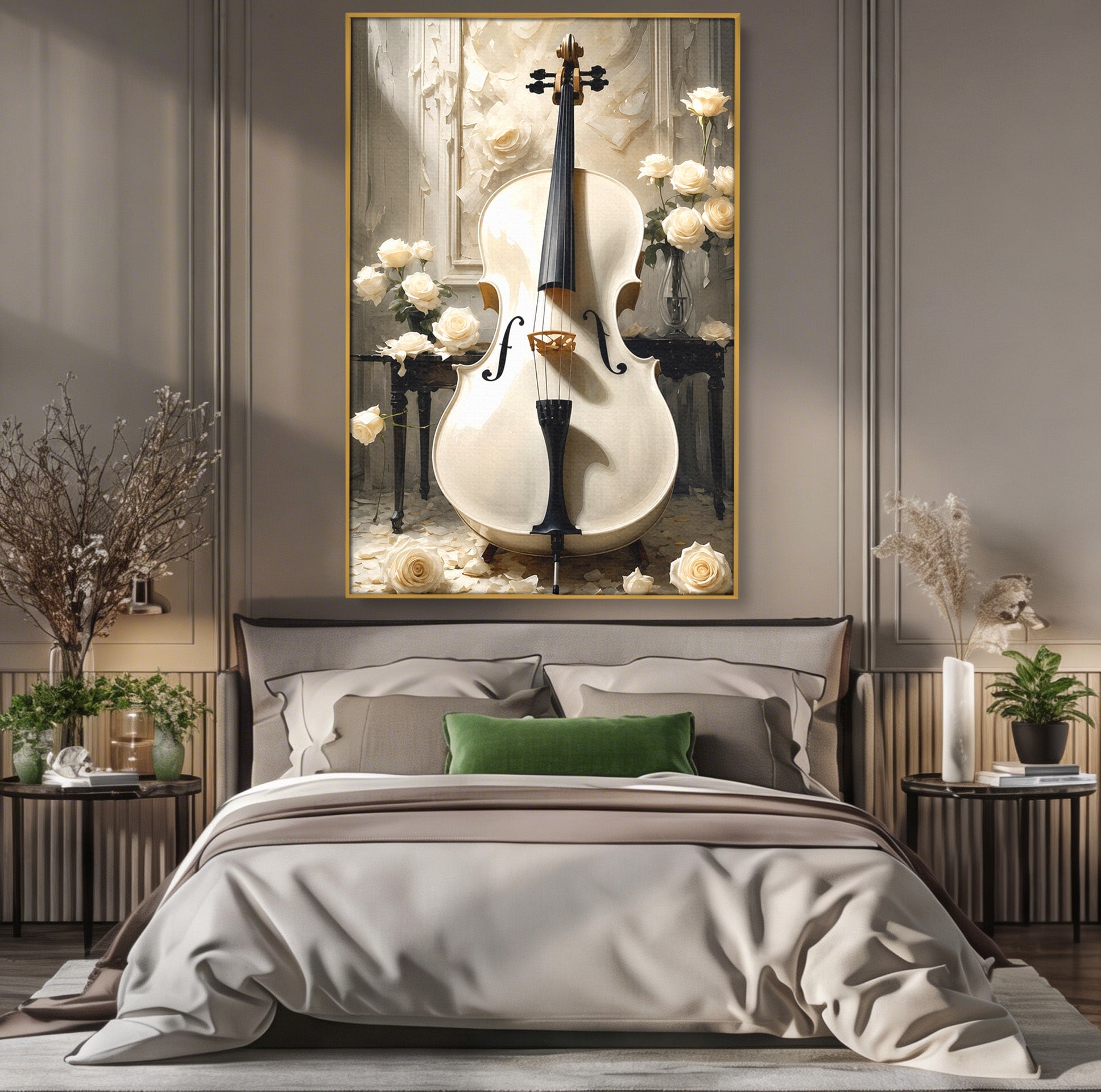 Tablou Canvas Premium LuxCanva® R1018, Violoncelul Alb, Violoncel, Flori, Eleganta, Muzica, Living, Culori Vibrante