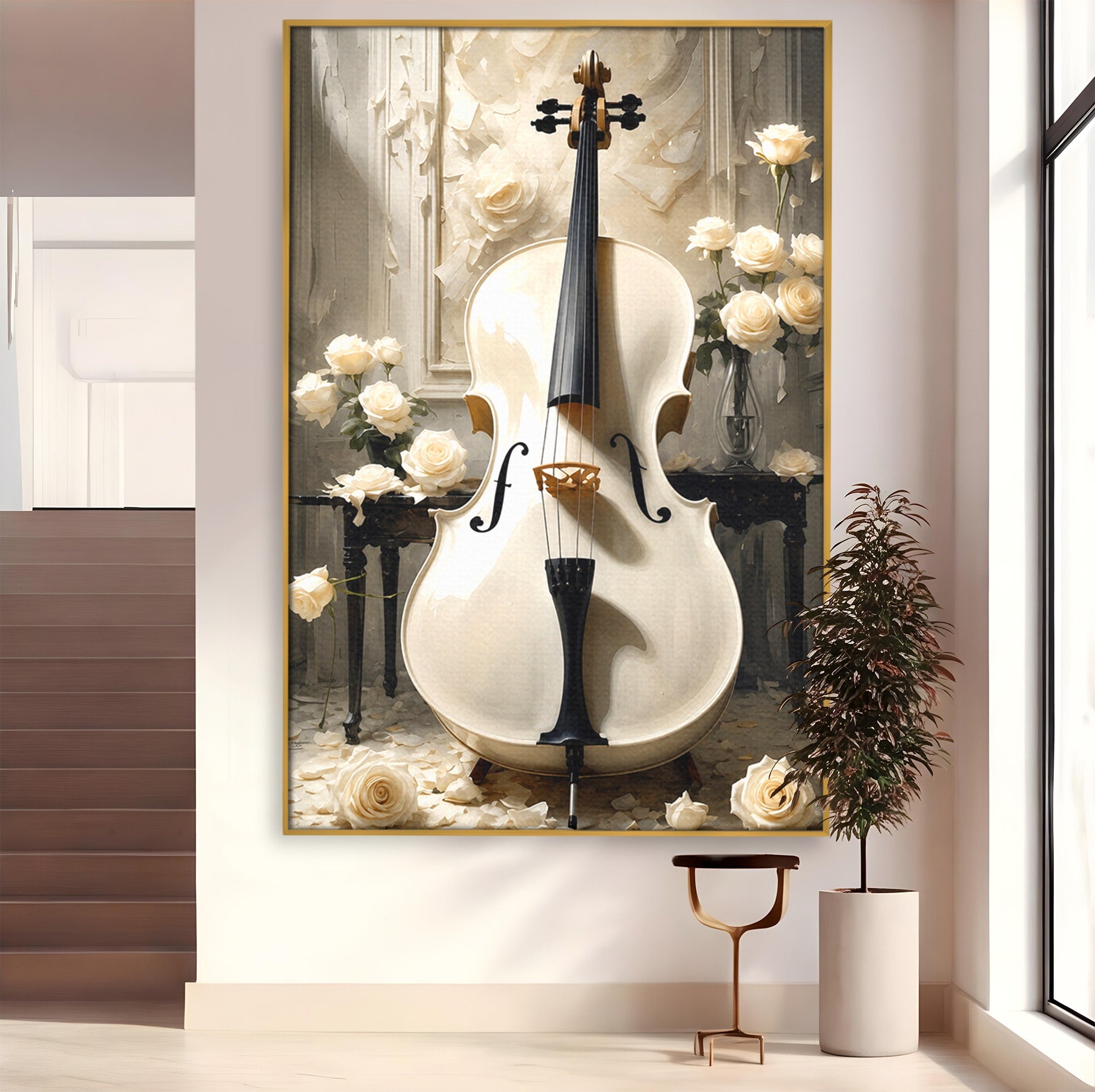 Tablou Canvas Premium LuxCanva® R1018, Violoncelul Alb, Violoncel, Flori, Eleganta, Muzica, Living, Culori Vibrante