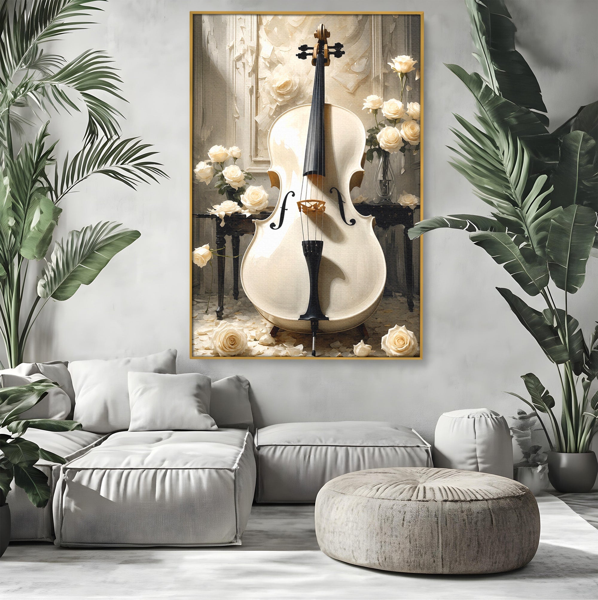 Tablou Canvas Premium LuxCanva® R1018, Violoncelul Alb, Violoncel, Flori, Eleganta, Muzica, Living, Culori Vibrante