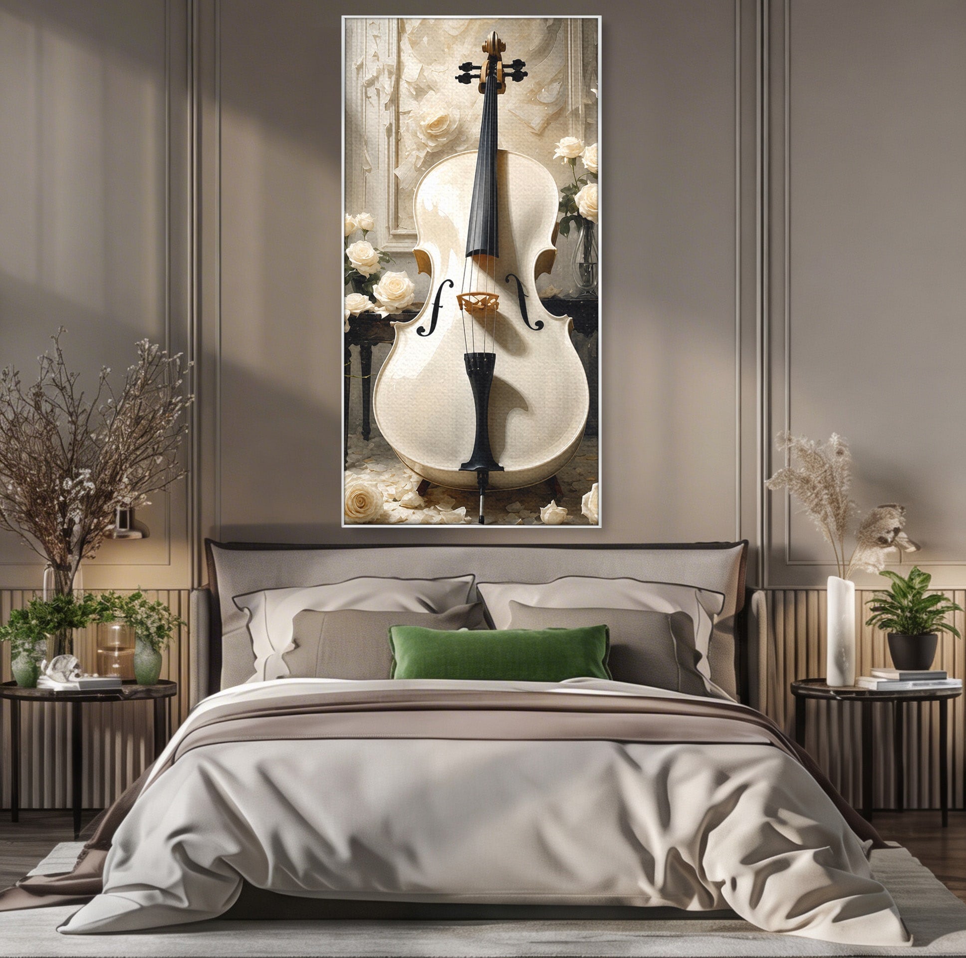 Tablou Canvas Premium LuxCanva® R1018, Violoncelul Alb, Violoncel, Flori, Eleganta, Muzica, Living, Culori Vibrante