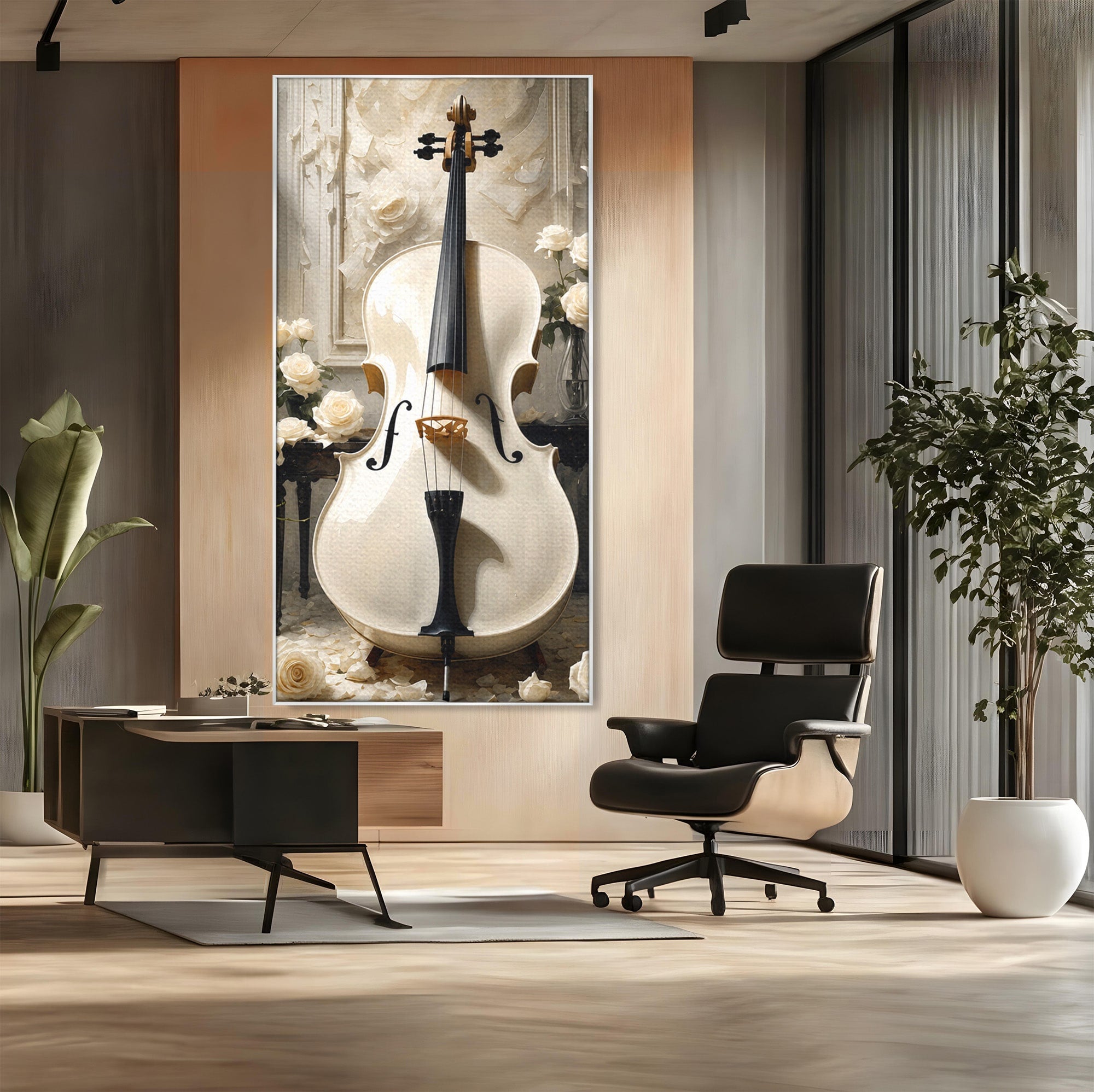 Tablou Canvas Premium LuxCanva® R1018, Violoncelul Alb, Violoncel, Flori, Eleganta, Muzica, Living, Culori Vibrante