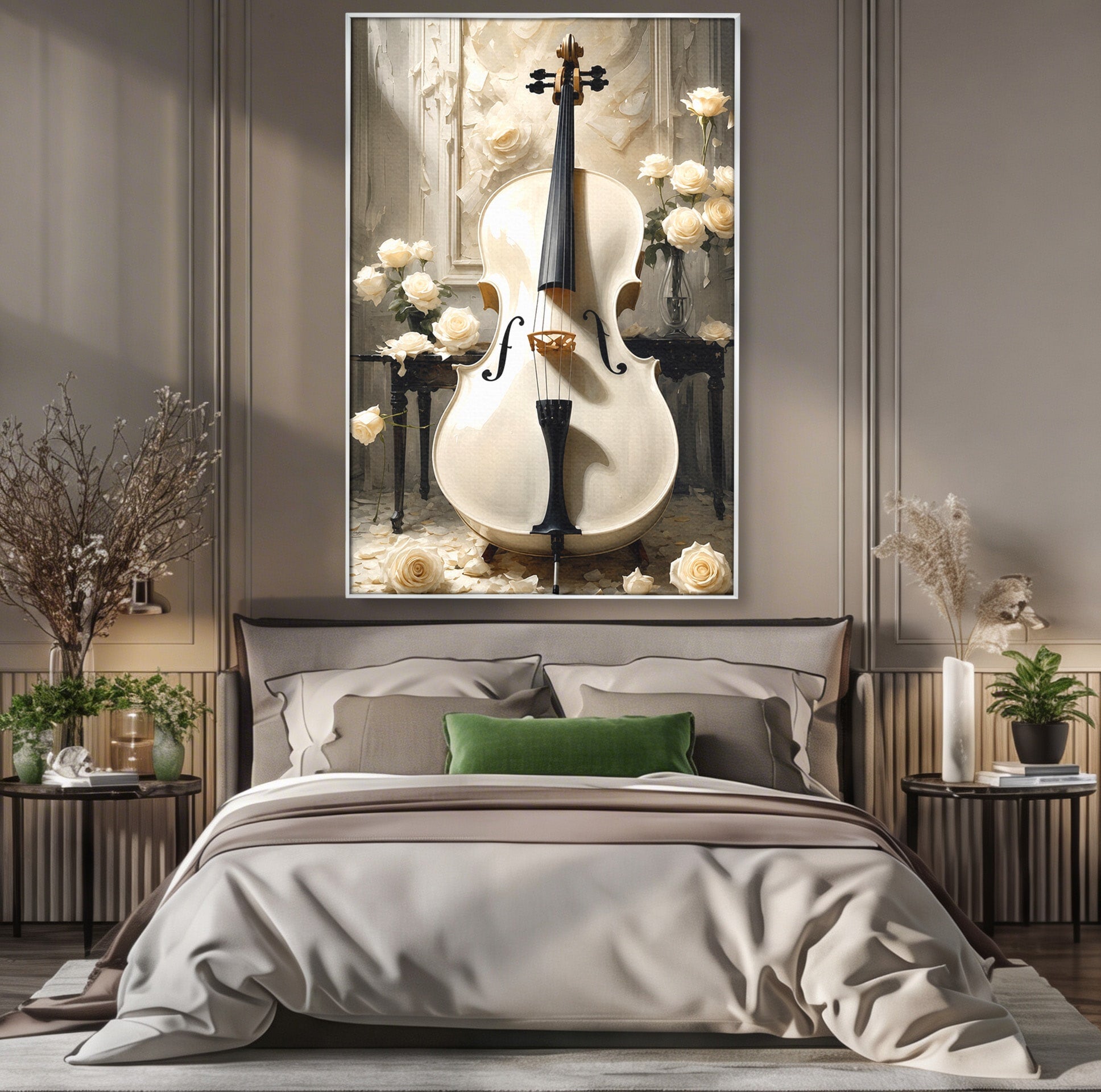 Tablou Canvas Premium LuxCanva® R1018, Violoncelul Alb, Violoncel, Flori, Eleganta, Muzica, Living, Culori Vibrante