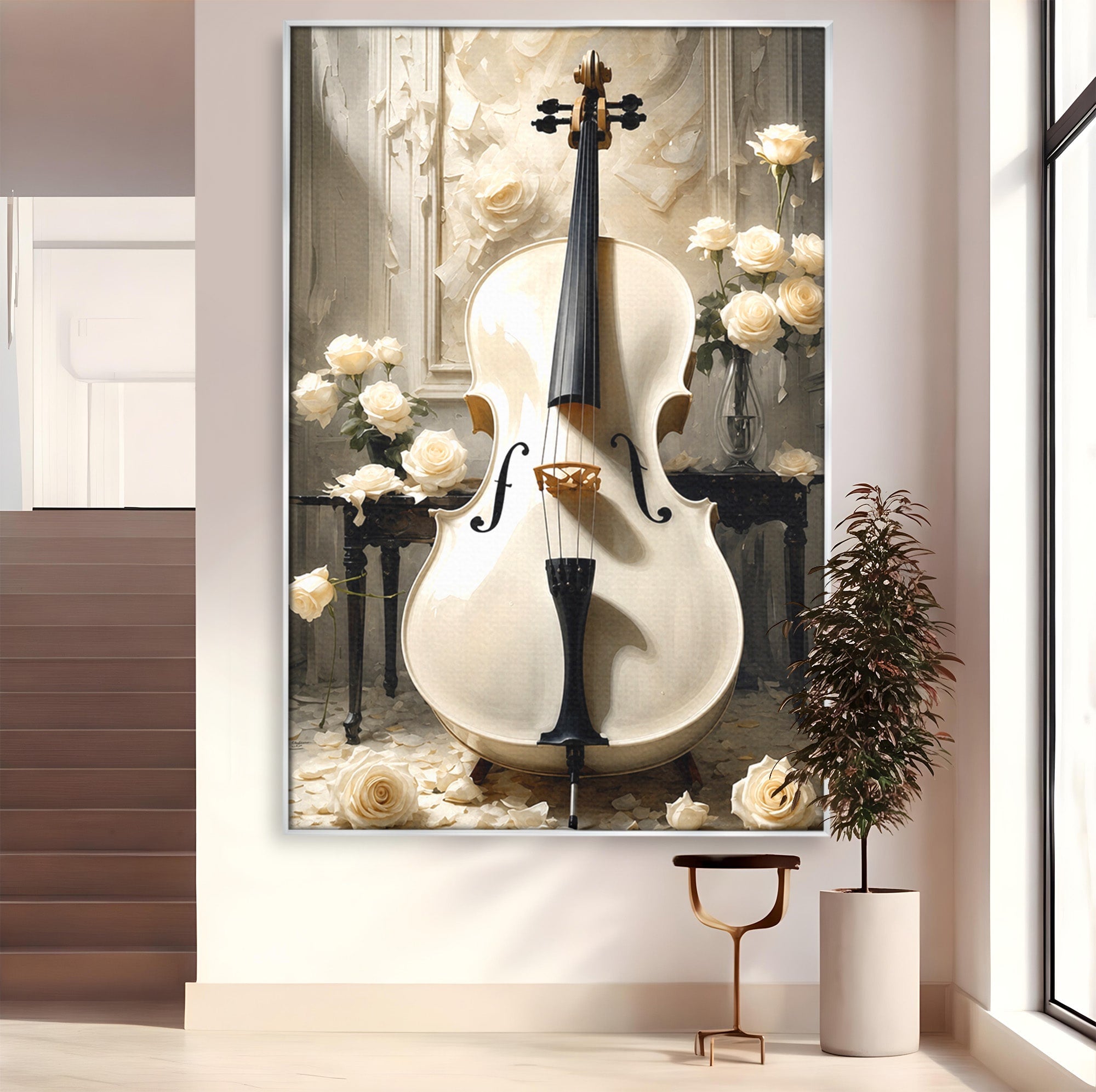 Tablou Canvas Premium LuxCanva® R1018, Violoncelul Alb, Violoncel, Flori, Eleganta, Muzica, Living, Culori Vibrante