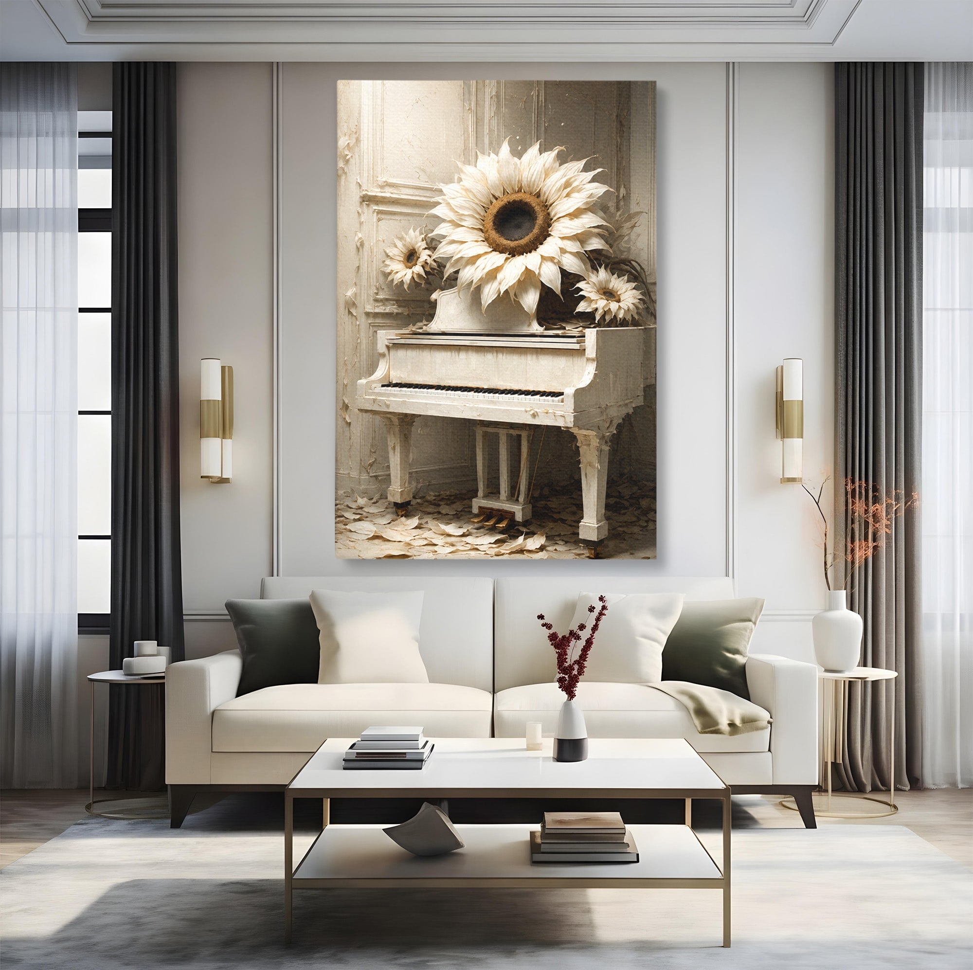 Tablou Canvas Premium LuxCanva® R1019, Pianul Cu Floarea Soarelui, Pian, Floarea Soarelui, Arta, Decor Elegant, Living, Culori Vibrante