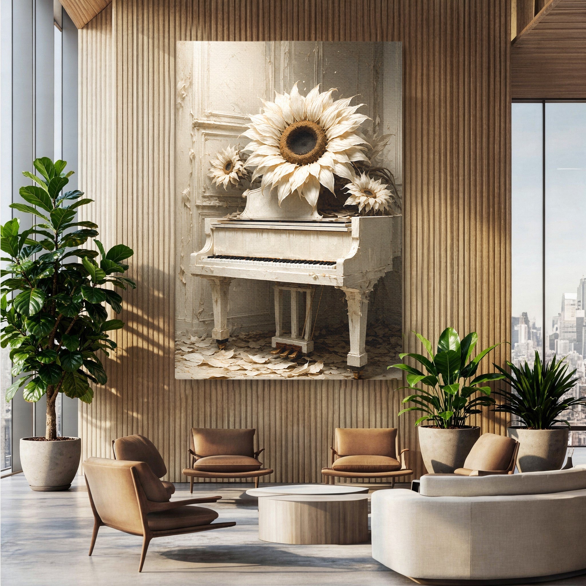 Tablou Canvas Premium LuxCanva® R1019, Pianul Cu Floarea Soarelui, Pian, Floarea Soarelui, Arta, Decor Elegant, Living, Culori Vibrante