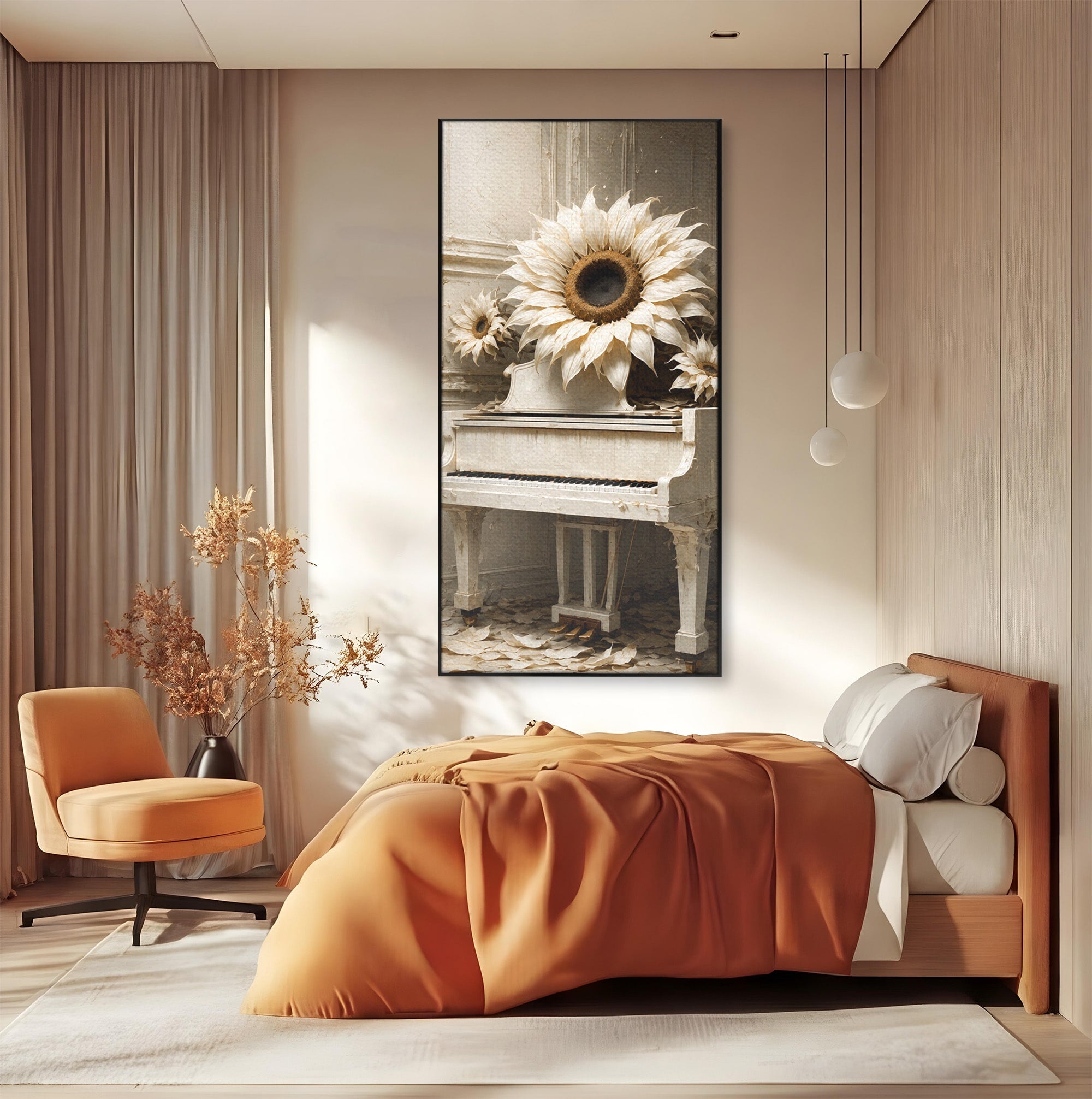 Tablou Canvas Premium LuxCanva® R1019, Pianul Cu Floarea Soarelui, Pian, Floarea Soarelui, Arta, Decor Elegant, Living, Culori Vibrante