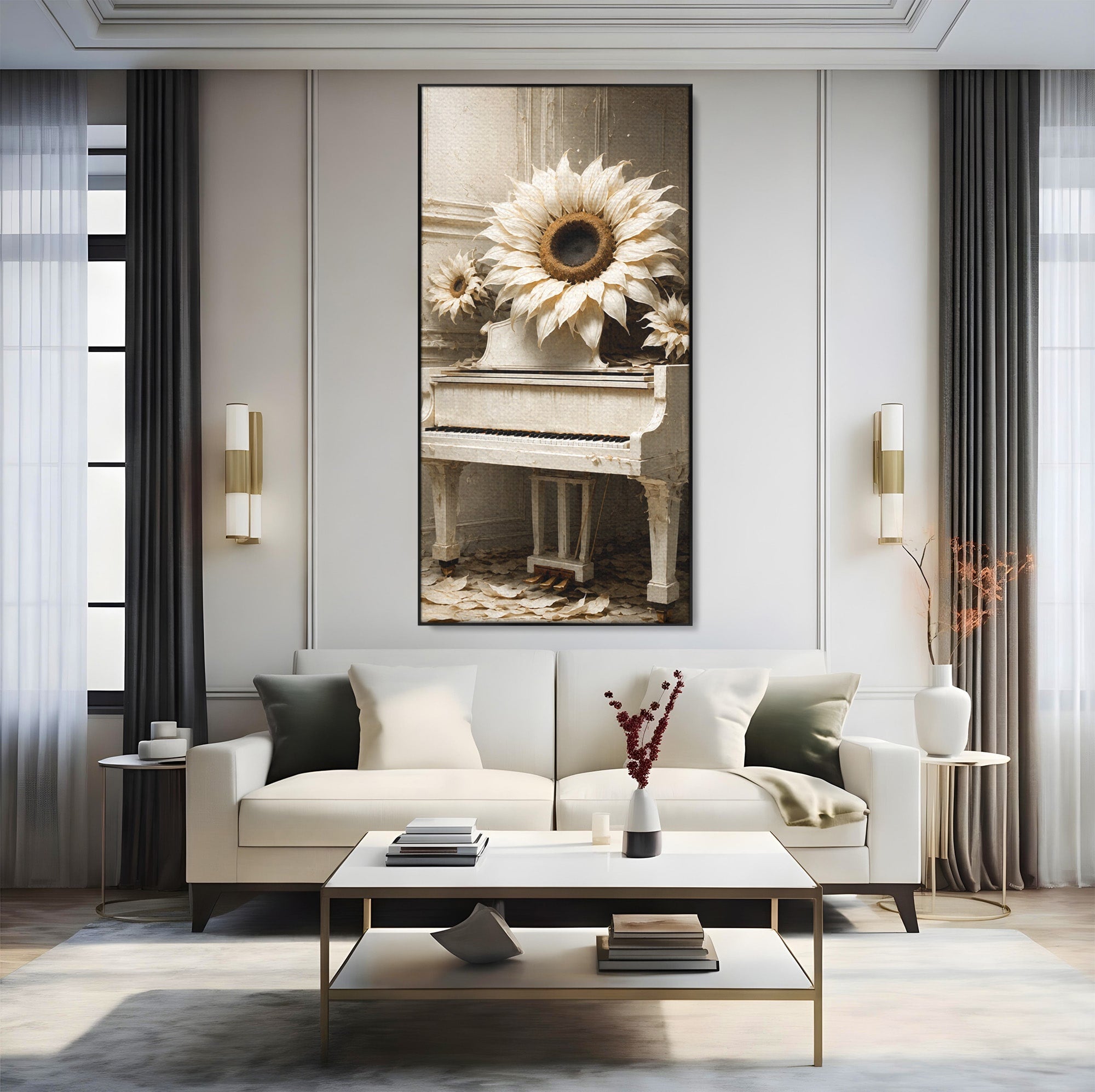 Tablou Canvas Premium LuxCanva® R1019, Pianul Cu Floarea Soarelui, Pian, Floarea Soarelui, Arta, Decor Elegant, Living, Culori Vibrante