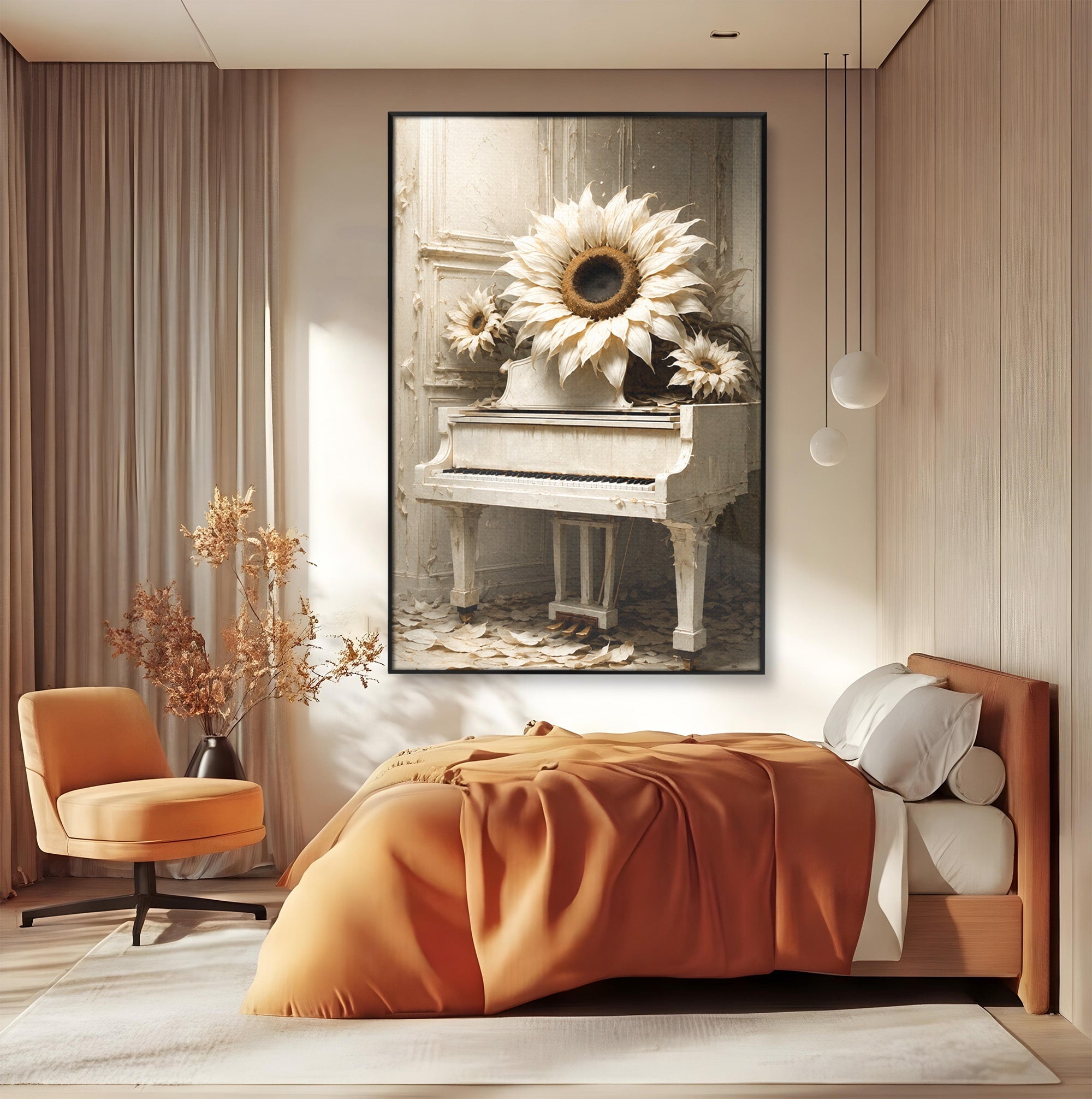 Tablou Canvas Premium LuxCanva® R1019, Pianul Cu Floarea Soarelui, Pian, Floarea Soarelui, Arta, Decor Elegant, Living, Culori Vibrante
