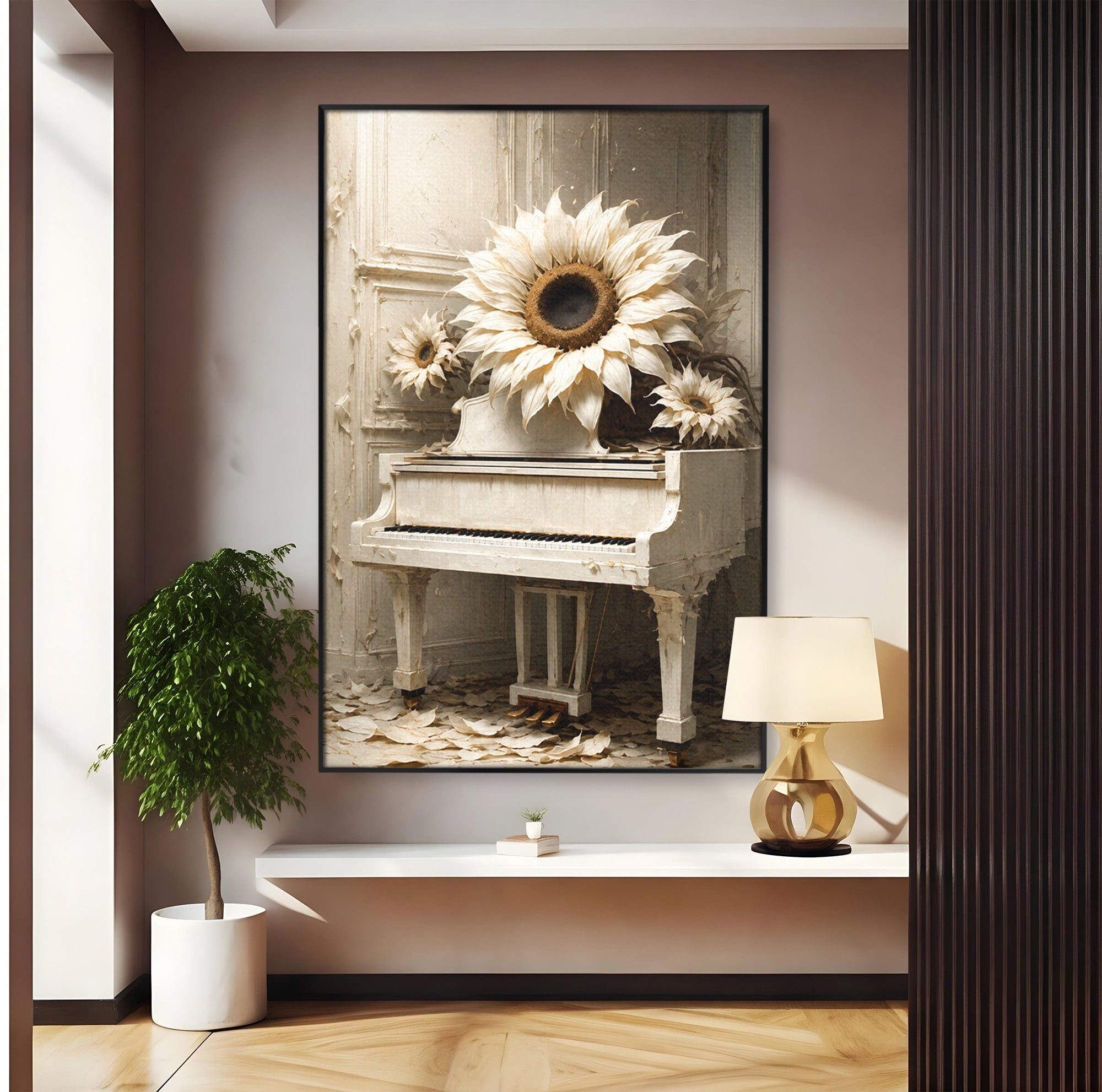 Tablou Canvas Premium LuxCanva® R1019, Pianul Cu Floarea Soarelui, Pian, Floarea Soarelui, Arta, Decor Elegant, Living, Culori Vibrante