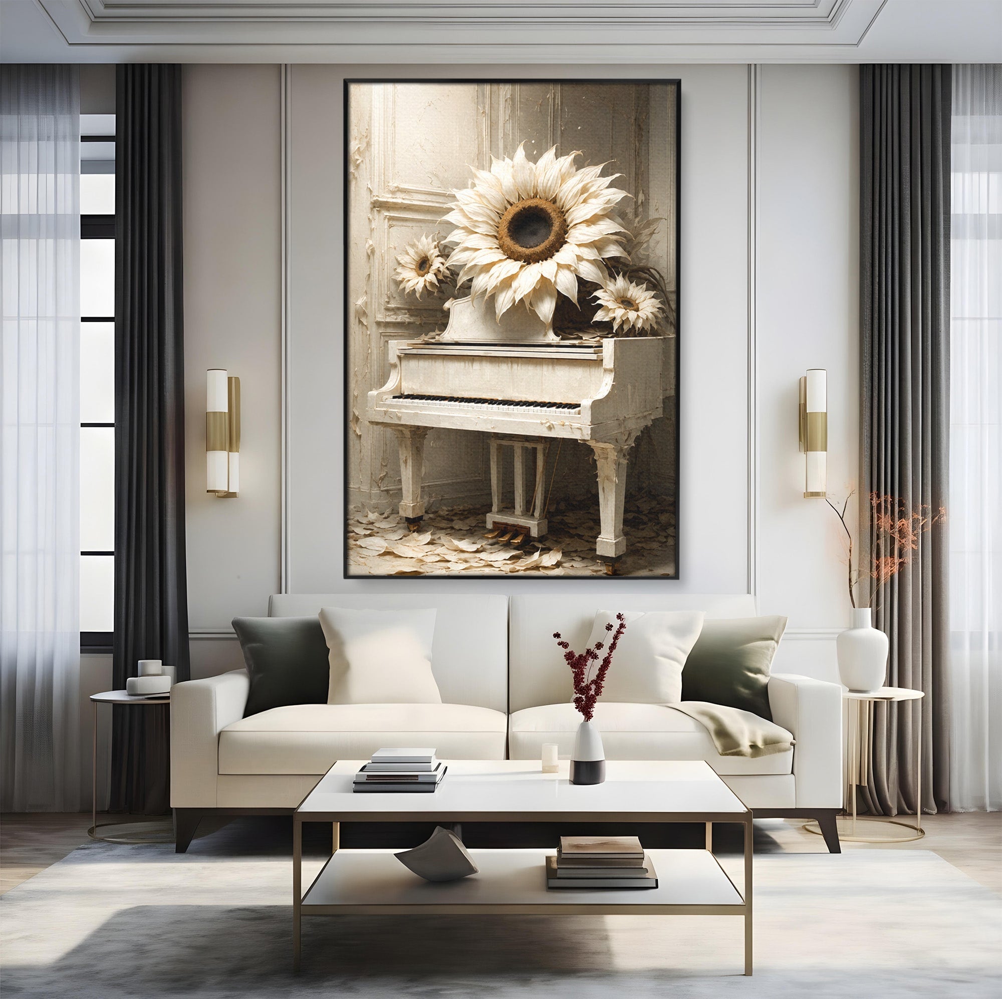 Tablou Canvas Premium LuxCanva® R1019, Pianul Cu Floarea Soarelui, Pian, Floarea Soarelui, Arta, Decor Elegant, Living, Culori Vibrante