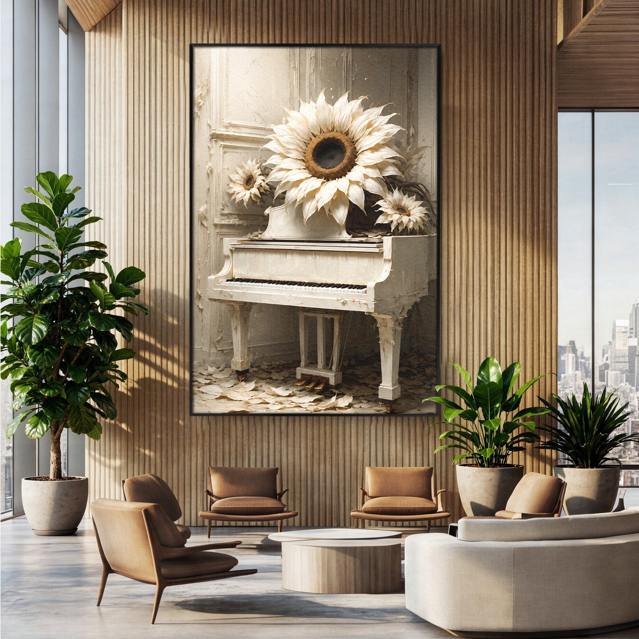 Tablou Canvas Premium LuxCanva® R1019, Pianul Cu Floarea Soarelui, Pian, Floarea Soarelui, Arta, Decor Elegant, Living, Culori Vibrante