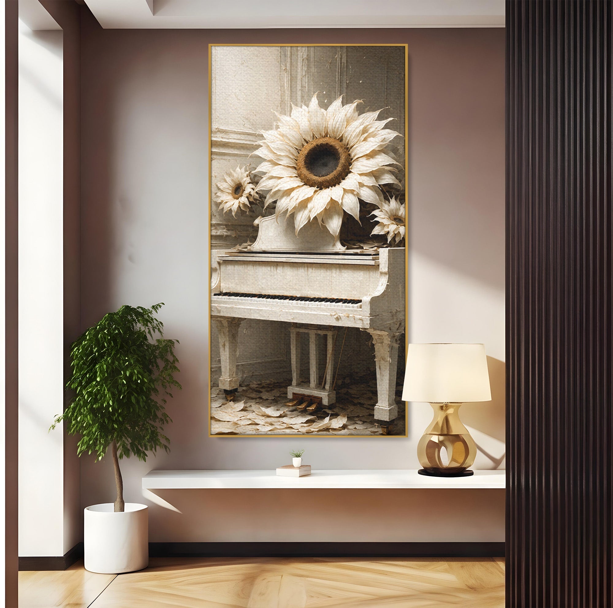 Tablou Canvas Premium LuxCanva® R1019, Pianul Cu Floarea Soarelui, Pian, Floarea Soarelui, Arta, Decor Elegant, Living, Culori Vibrante