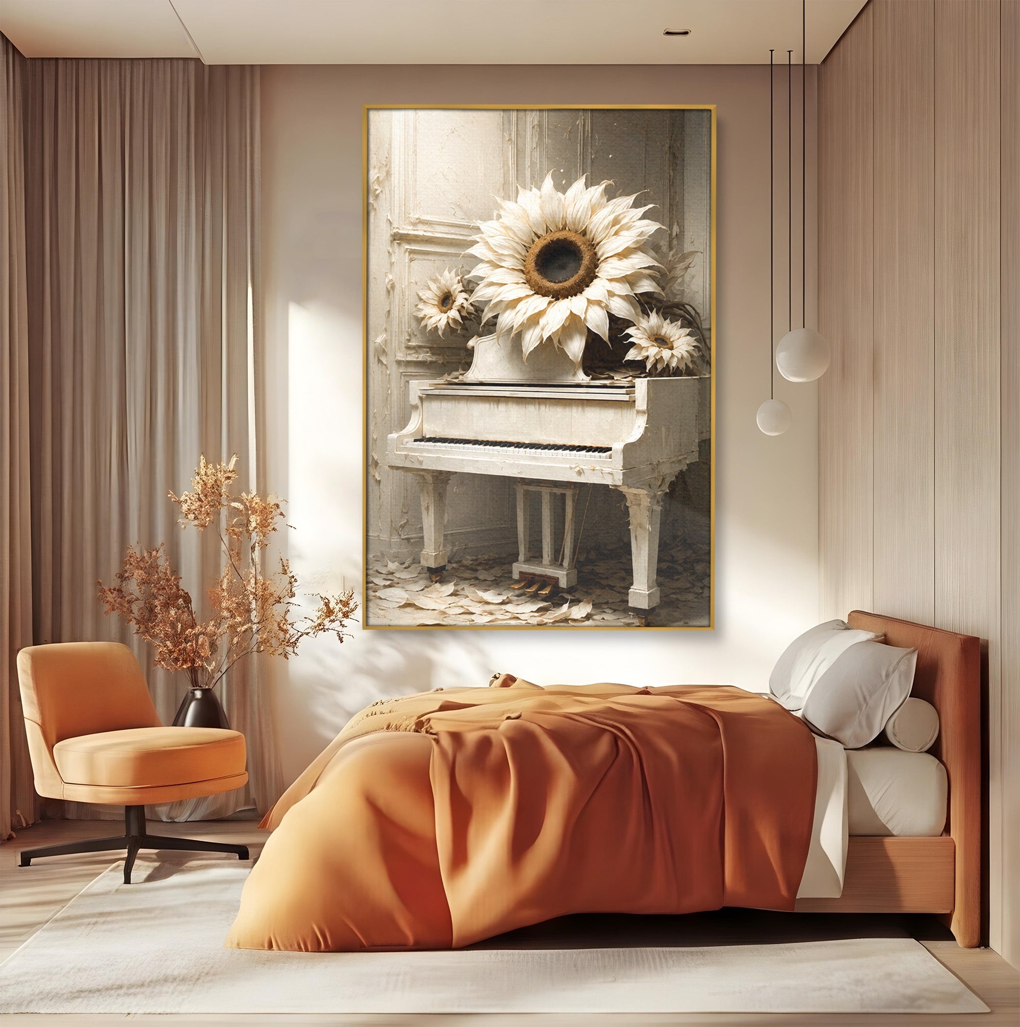 Tablou Canvas Premium LuxCanva® R1019, Pianul Cu Floarea Soarelui, Pian, Floarea Soarelui, Arta, Decor Elegant, Living, Culori Vibrante