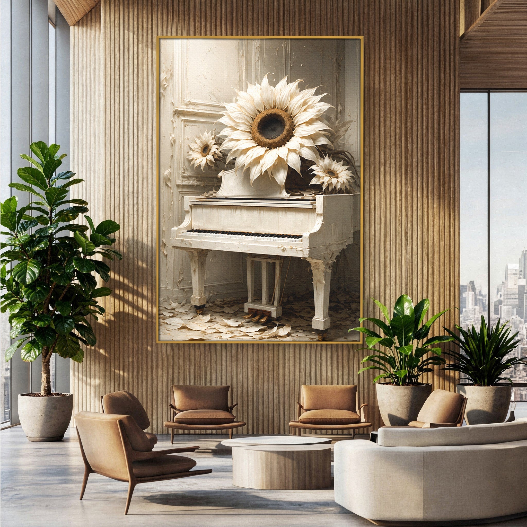 Tablou Canvas Premium LuxCanva® R1019, Pianul Cu Floarea Soarelui, Pian, Floarea Soarelui, Arta, Decor Elegant, Living, Culori Vibrante