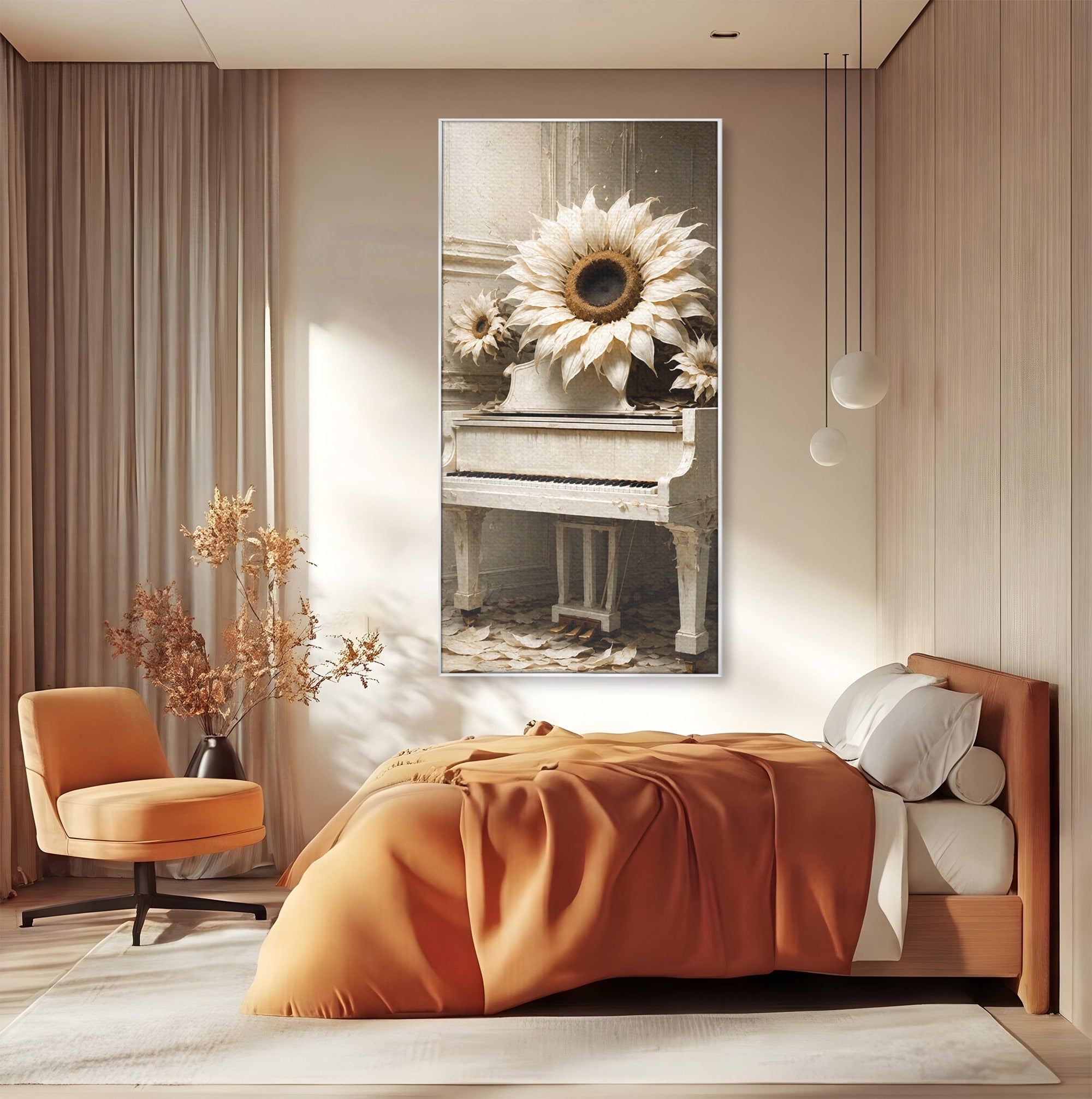 Tablou Canvas Premium LuxCanva® R1019, Pianul Cu Floarea Soarelui, Pian, Floarea Soarelui, Arta, Decor Elegant, Living, Culori Vibrante