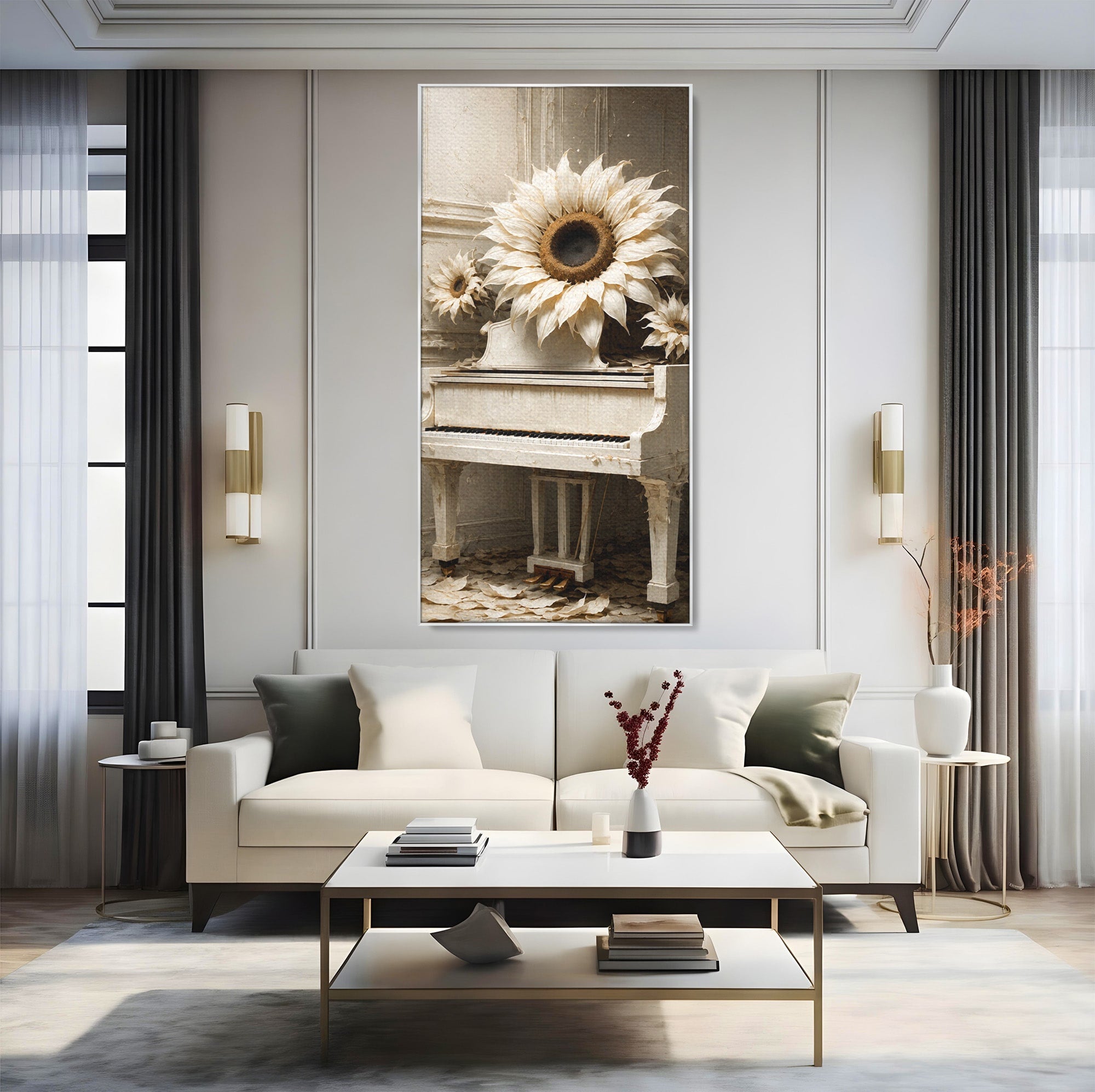 Tablou Canvas Premium LuxCanva® R1019, Pianul Cu Floarea Soarelui, Pian, Floarea Soarelui, Arta, Decor Elegant, Living, Culori Vibrante