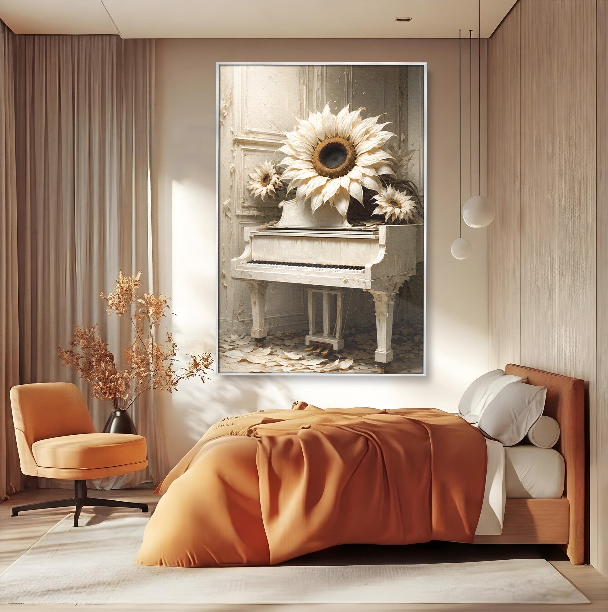 Tablou Canvas Premium LuxCanva® R1019, Pianul Cu Floarea Soarelui, Pian, Floarea Soarelui, Arta, Decor Elegant, Living, Culori Vibrante
