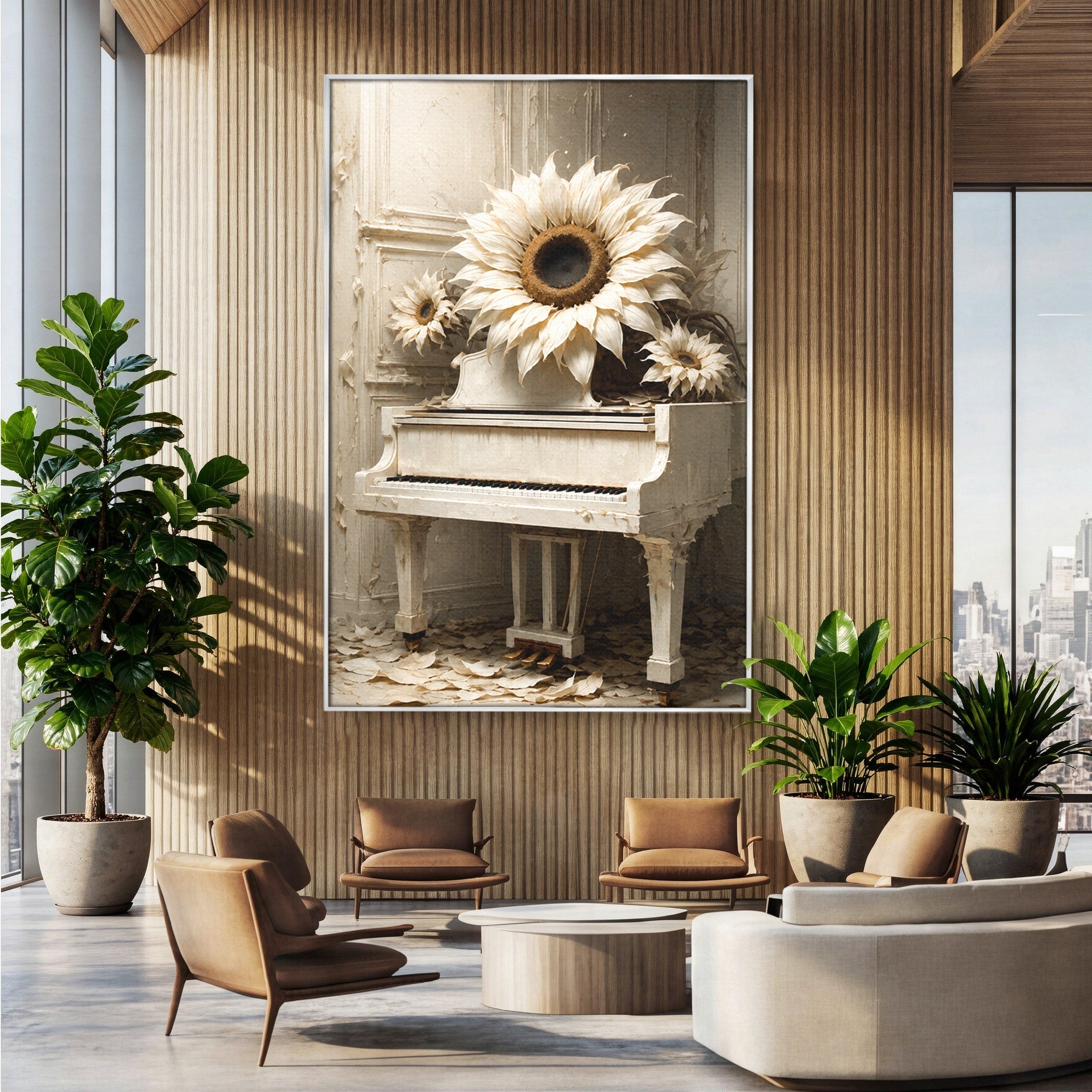 Tablou Canvas Premium LuxCanva® R1019, Pianul Cu Floarea Soarelui, Pian, Floarea Soarelui, Arta, Decor Elegant, Living, Culori Vibrante