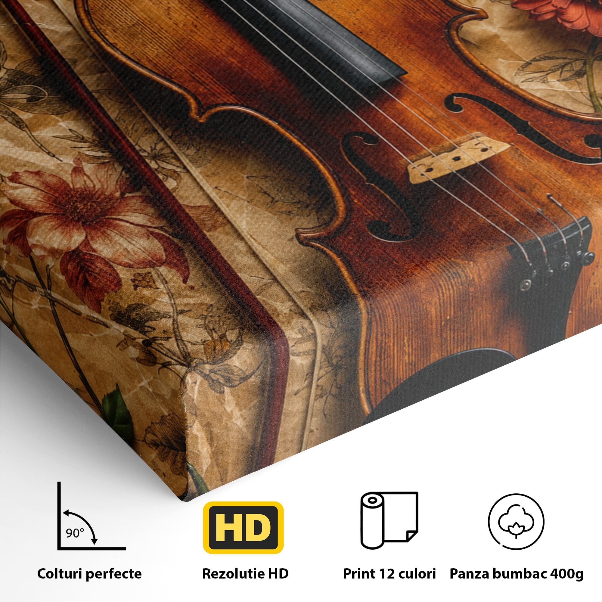 Tablou Canvas Premium LuxCanva® R1023, Vioara Vintage, Vioara, Flori, Vintage, Muzica, Living, Culori Vibrante