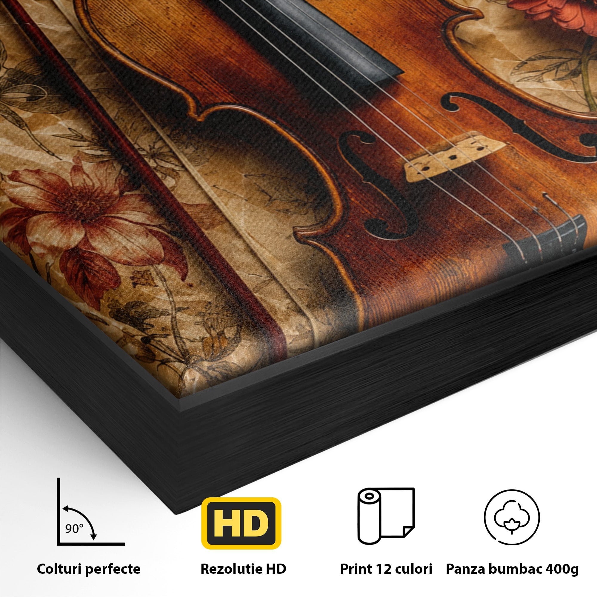 Tablou Canvas Premium LuxCanva® R1023, Vioara Vintage, Vioara, Flori, Vintage, Muzica, Living, Culori Vibrante