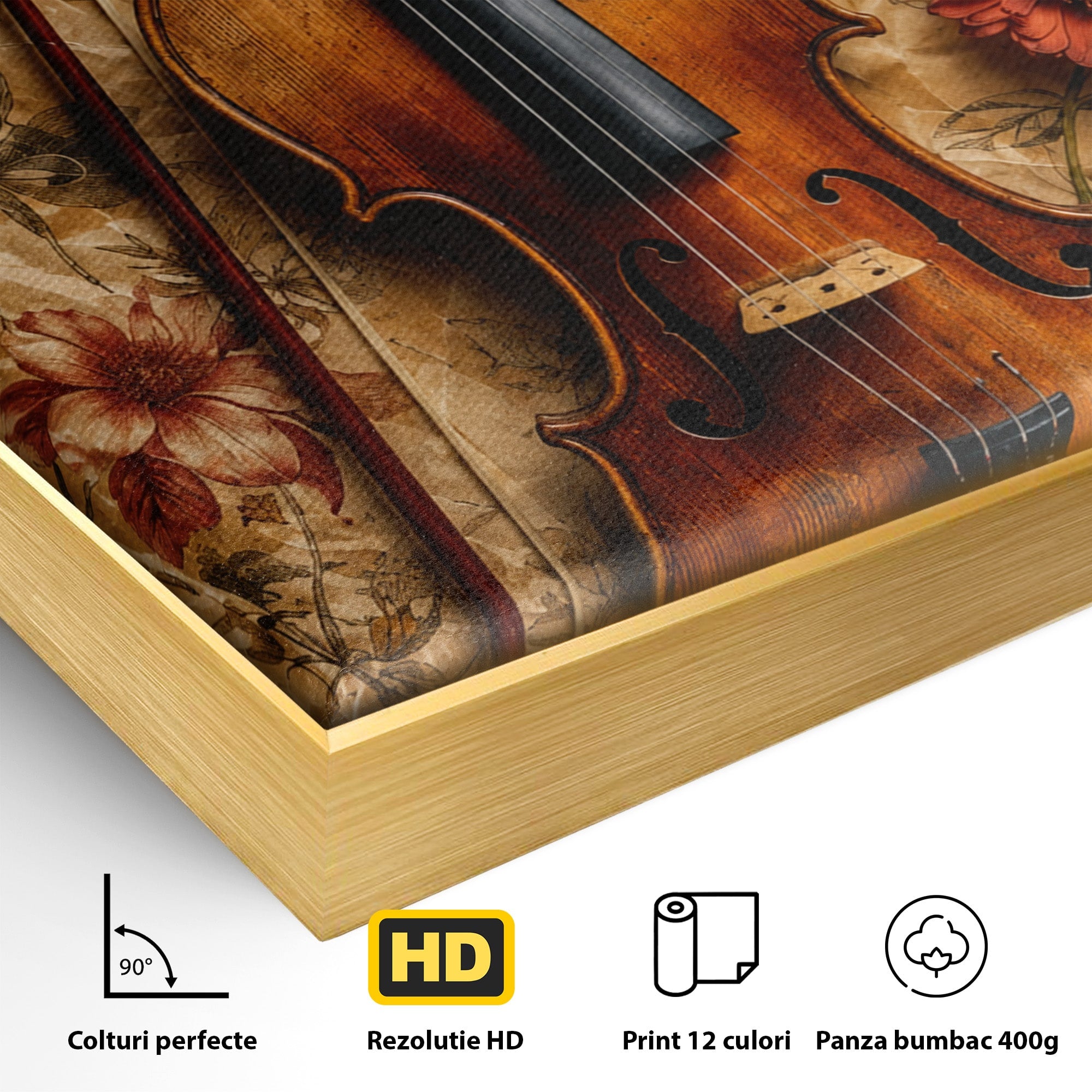 Tablou Canvas Premium LuxCanva® R1023, Vioara Vintage, Vioara, Flori, Vintage, Muzica, Living, Culori Vibrante