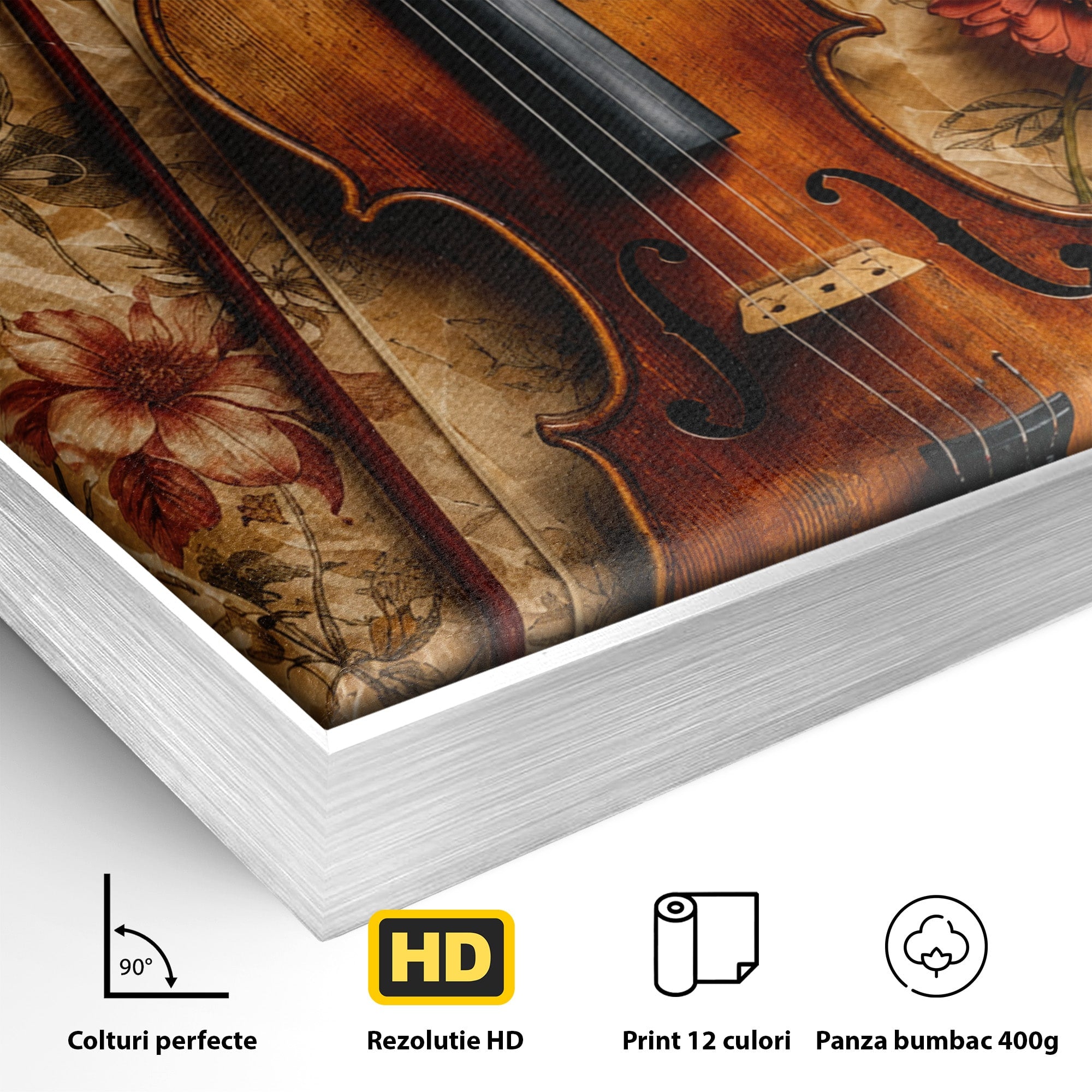 Tablou Canvas Premium LuxCanva® R1023, Vioara Vintage, Vioara, Flori, Vintage, Muzica, Living, Culori Vibrante