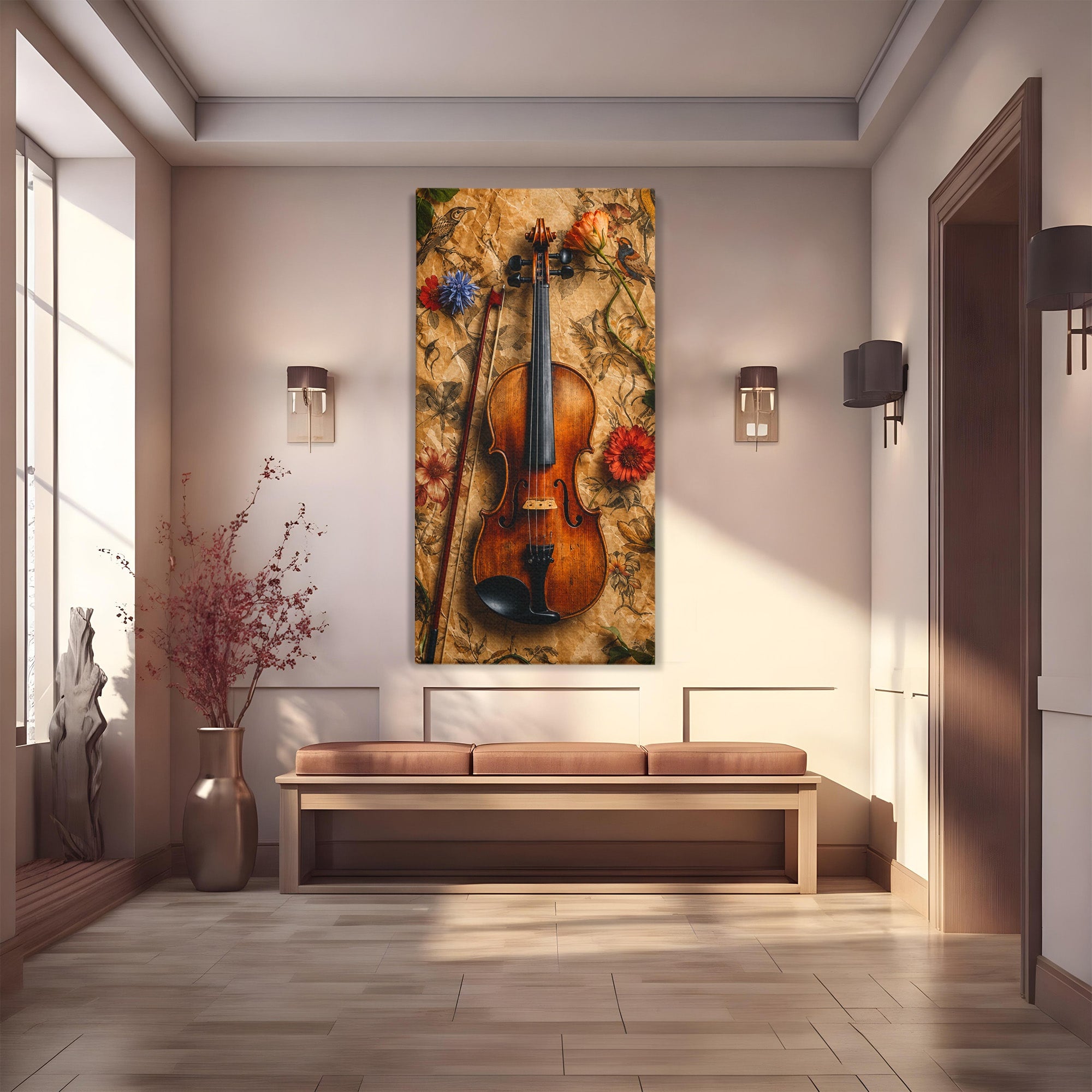 Tablou Canvas Premium LuxCanva® R1023, Vioara Vintage, Vioara, Flori, Vintage, Muzica, Living, Culori Vibrante