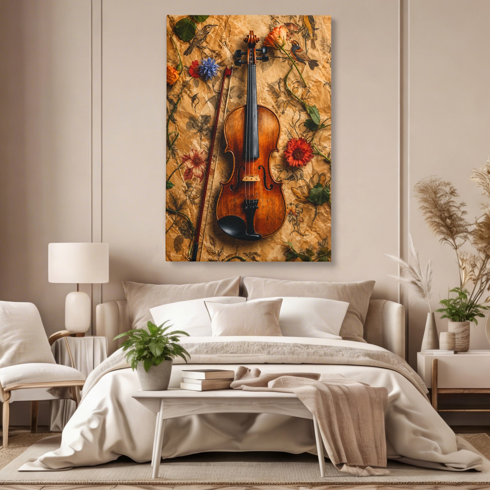 Tablou Canvas Premium LuxCanva® R1023, Vioara Vintage, Vioara, Flori, Vintage, Muzica, Living, Culori Vibrante