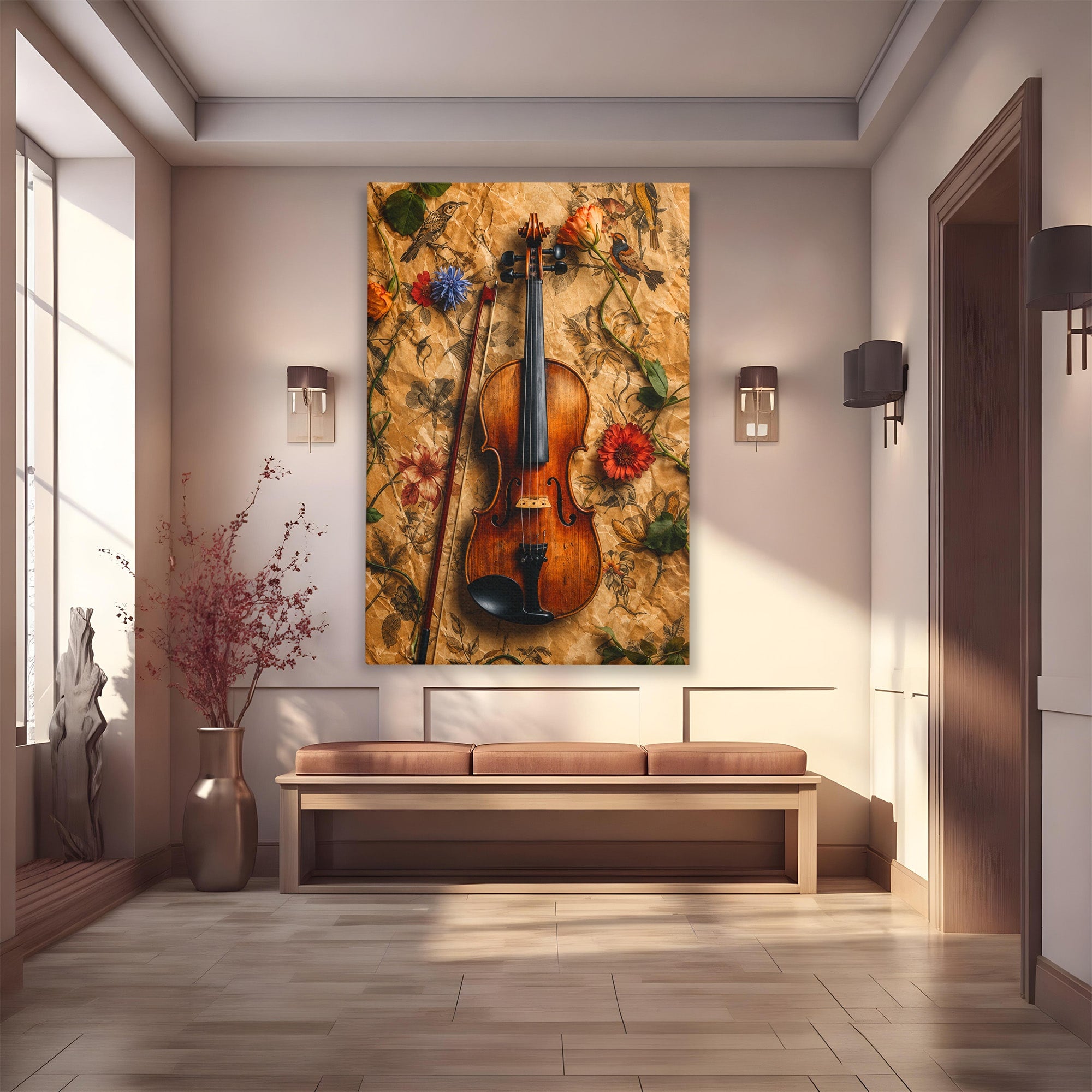 Tablou Canvas Premium LuxCanva® R1023, Vioara Vintage, Vioara, Flori, Vintage, Muzica, Living, Culori Vibrante
