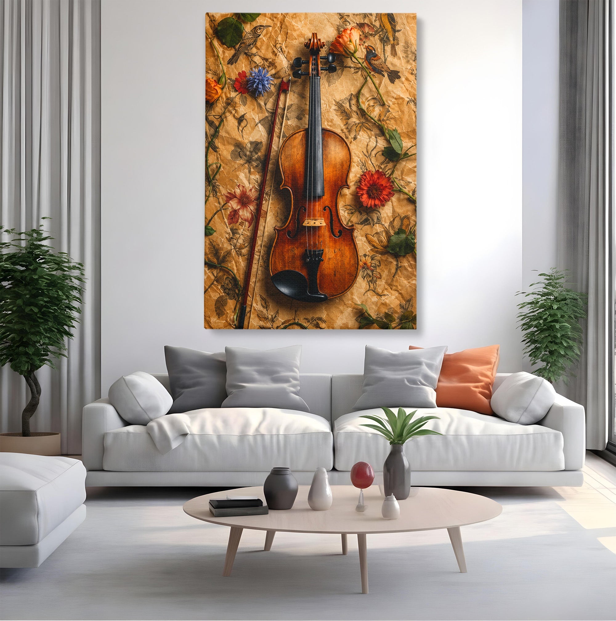 Tablou Canvas Premium LuxCanva® R1023, Vioara Vintage, Vioara, Flori, Vintage, Muzica, Living, Culori Vibrante