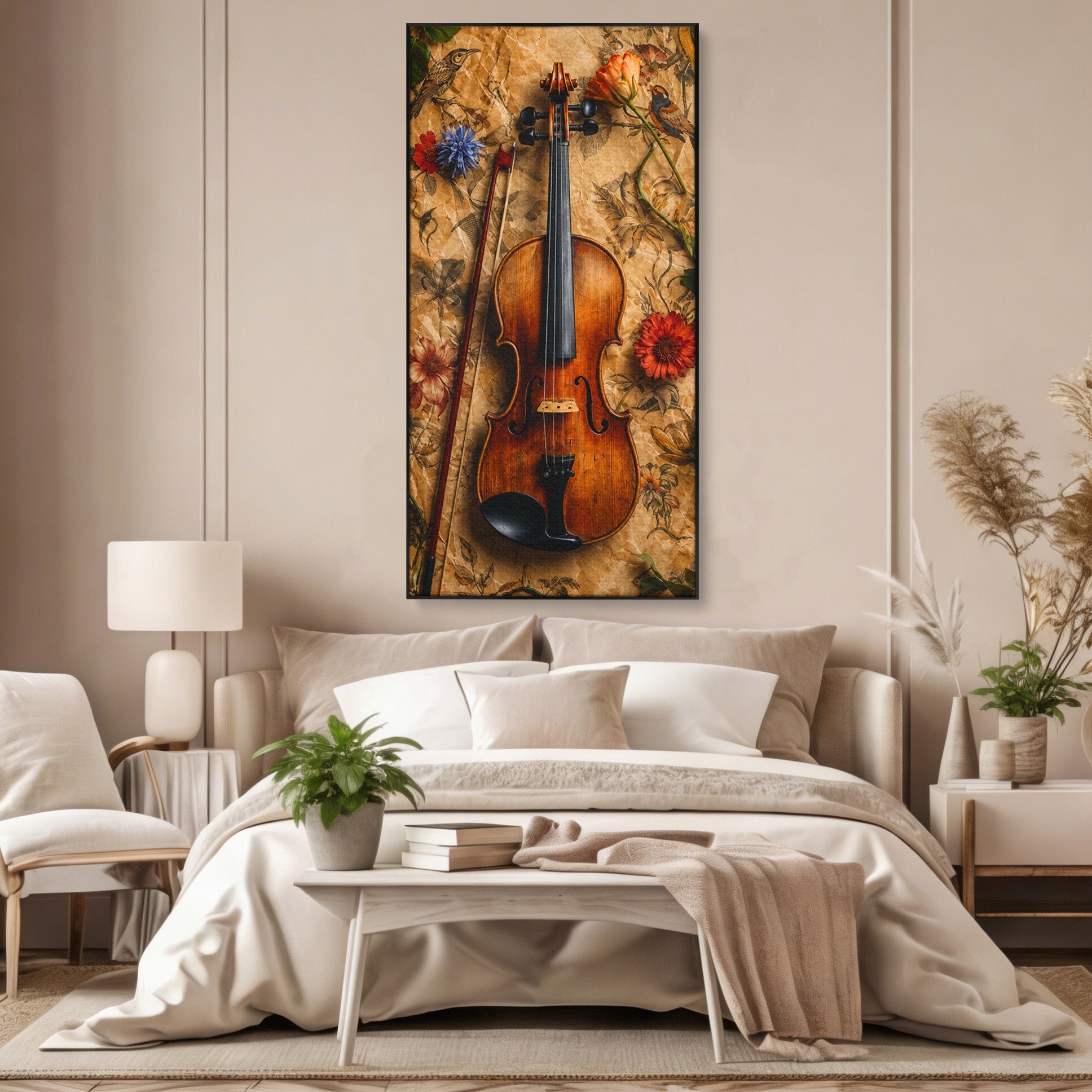 Tablou Canvas Premium LuxCanva® R1023, Vioara Vintage, Vioara, Flori, Vintage, Muzica, Living, Culori Vibrante